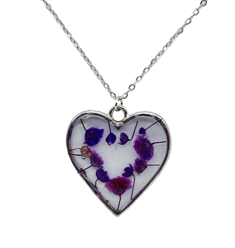 Heart-Shaped Resin Real Flower Pendant Necklace - Stainless Steel