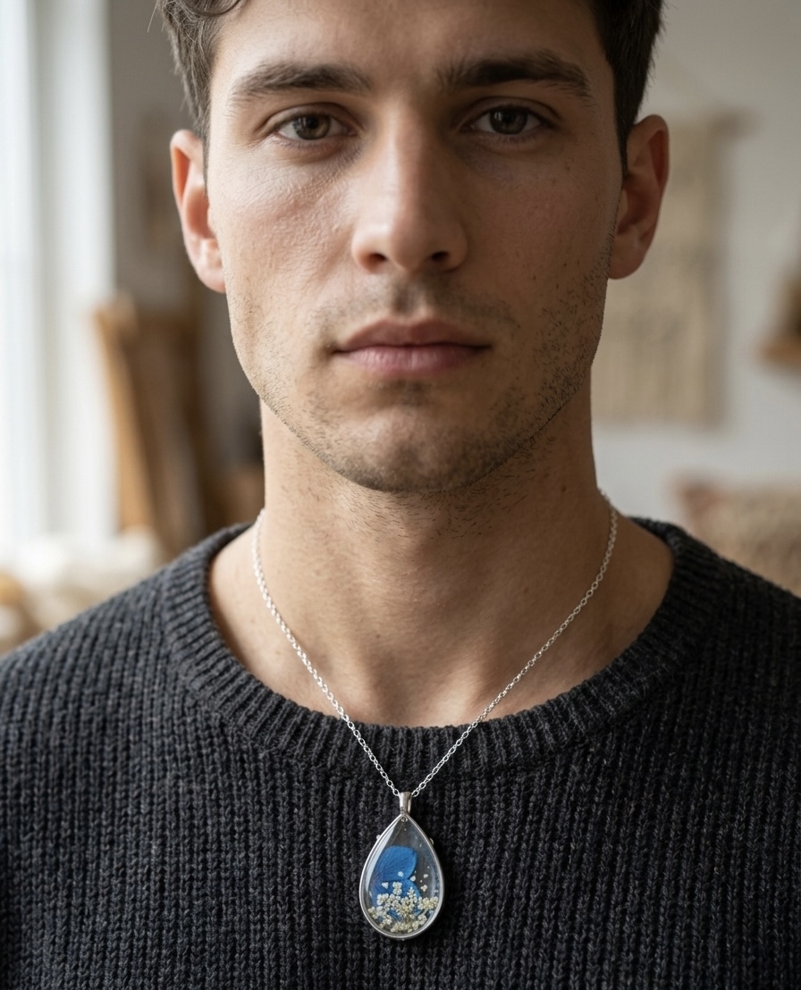 Pressed Real Flower Teardrop Necklace - Stainless Steel