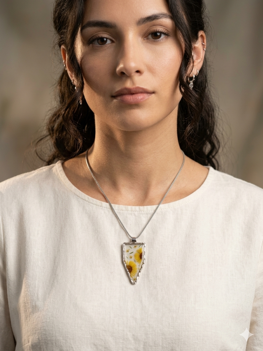 Pressed Real Flower Pendant Necklace - Stainless Steel