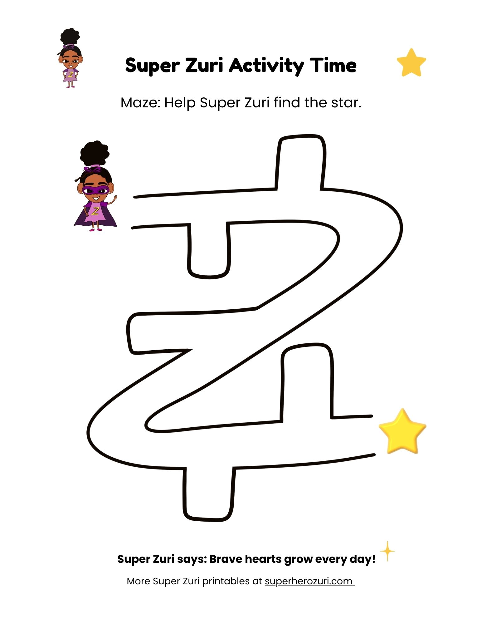 Preschool Bravery Maze Printable | Super Zuri Activity Sheet for Ages 3–6