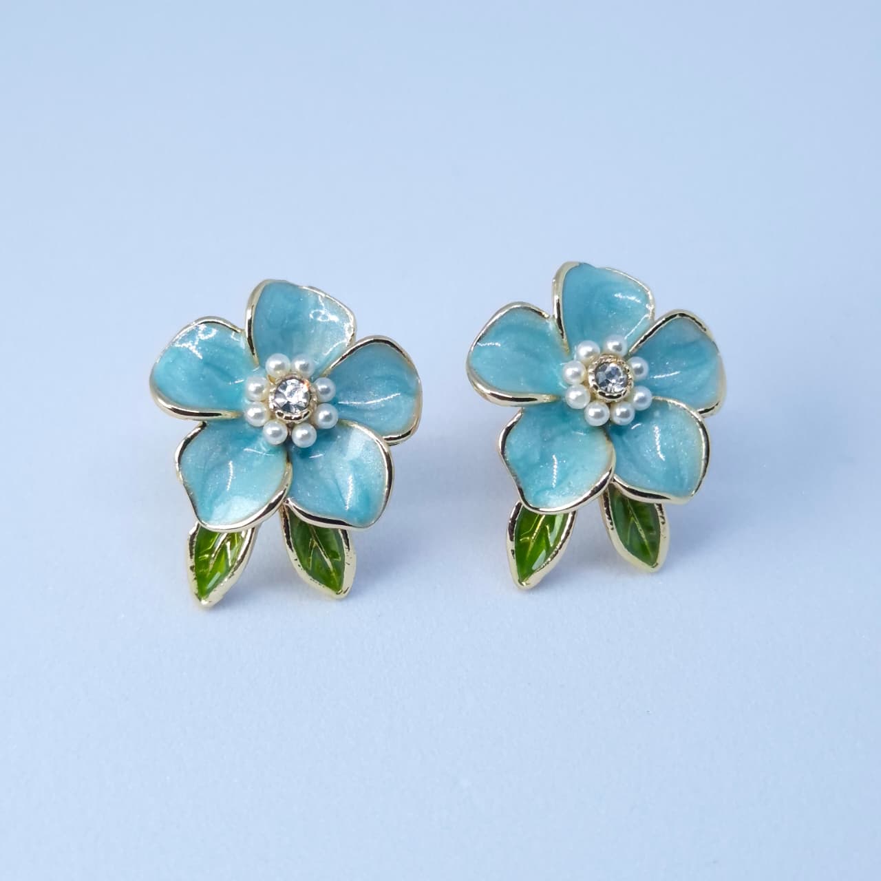 Gold Toned Metal Enamel Finish Floral Pearl Stud Earrings