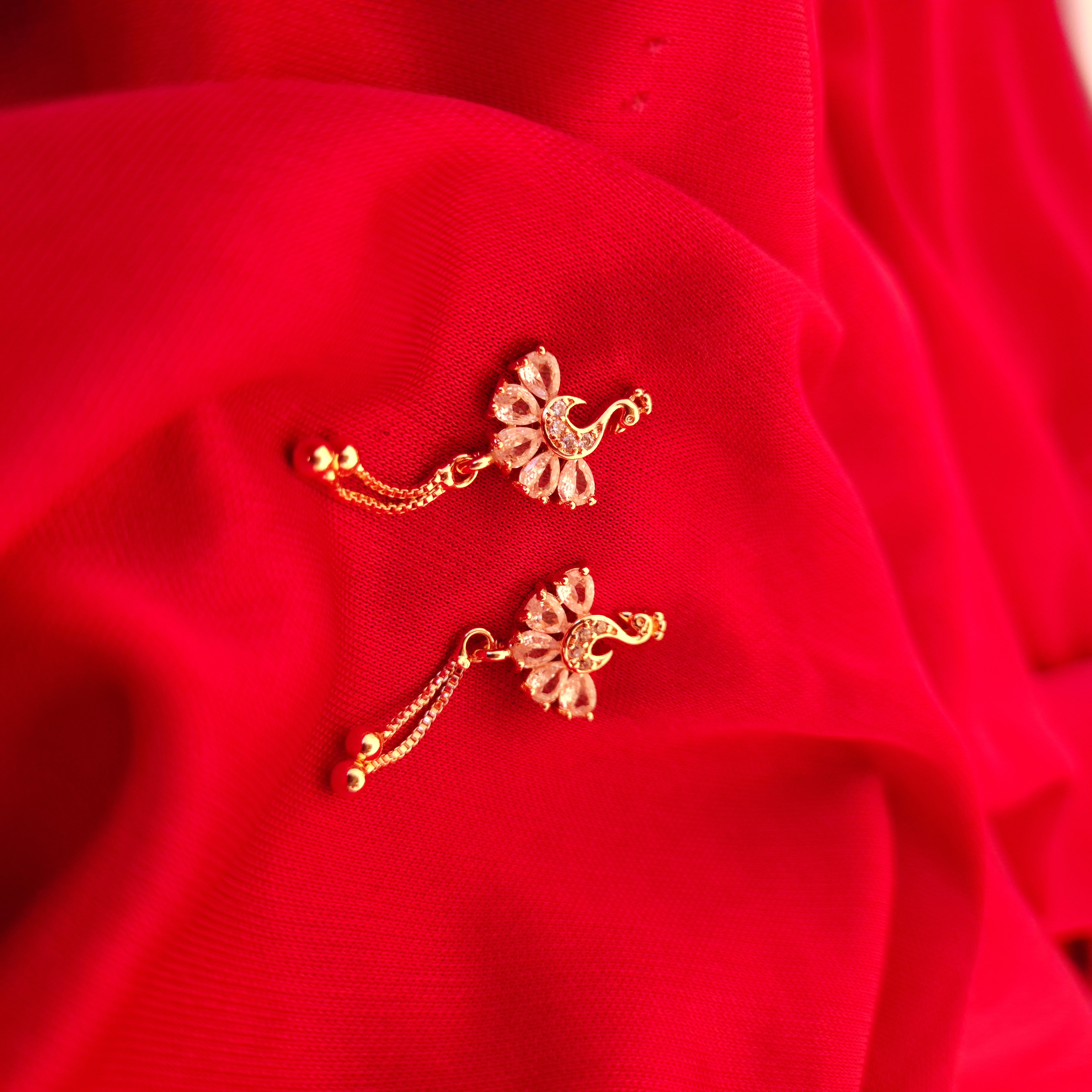 White Crystal Peacock Gold Floral Earrings