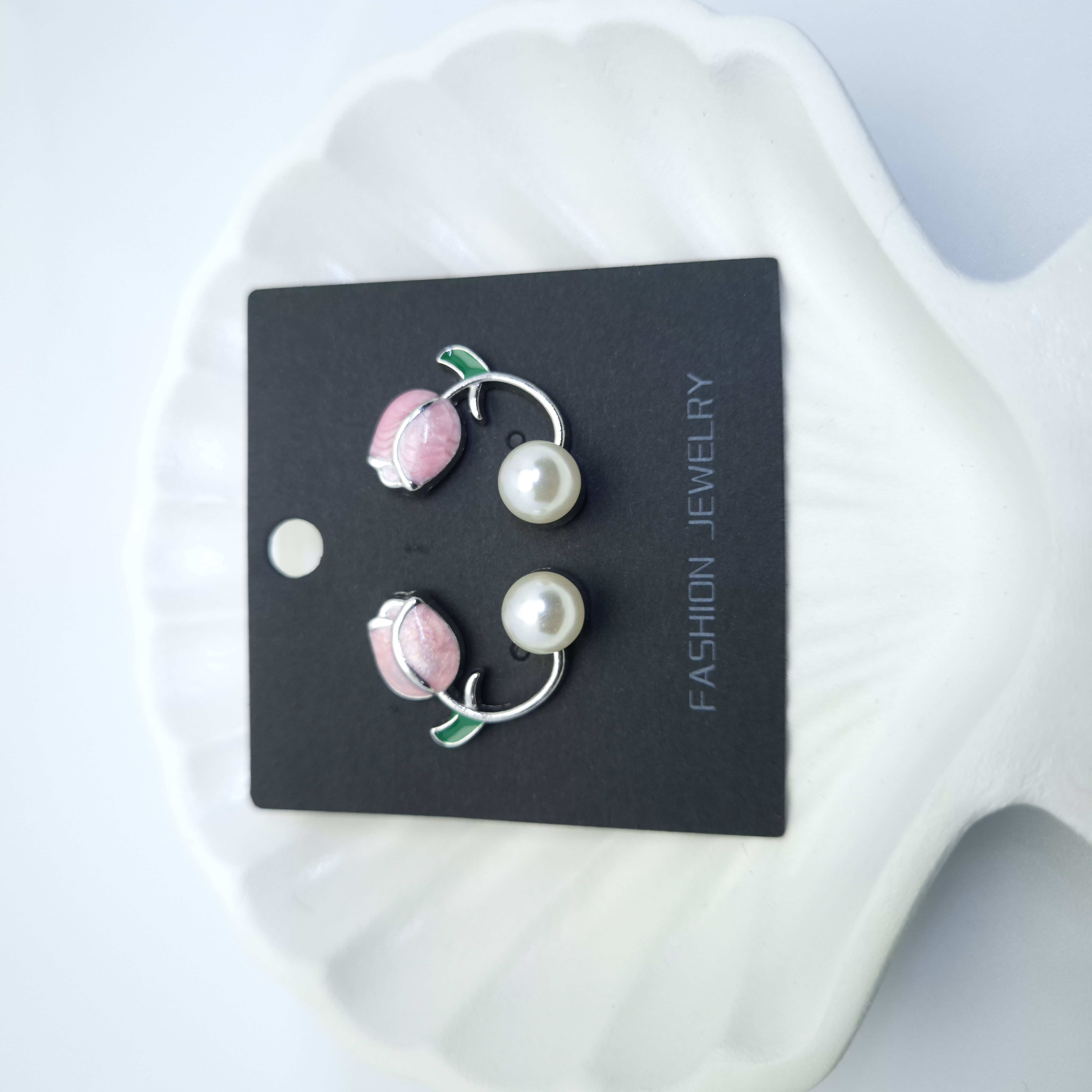 Pink Tulip and Pearl Earrings Set