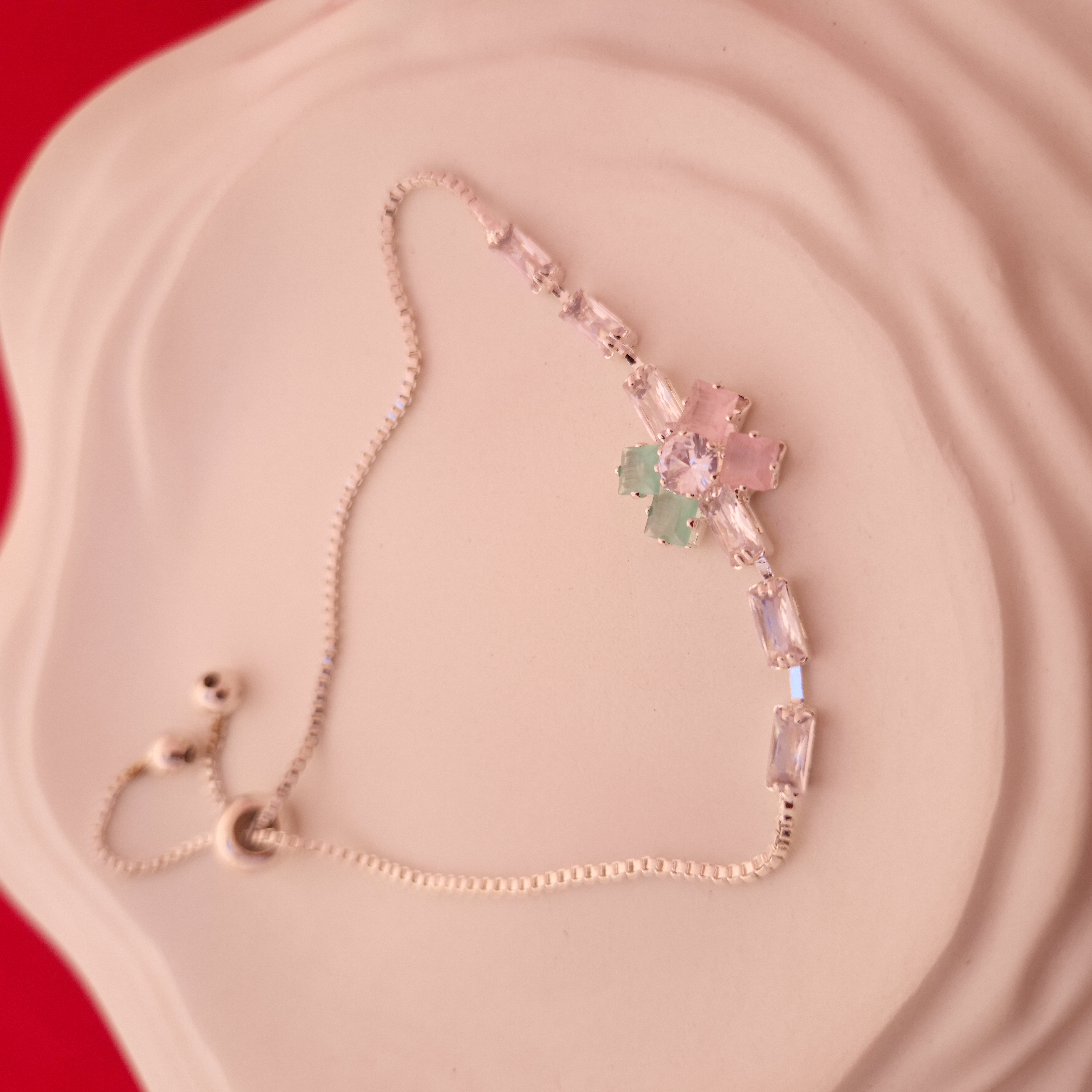 Silver Toned Adjustable Floral Charm Bracelet