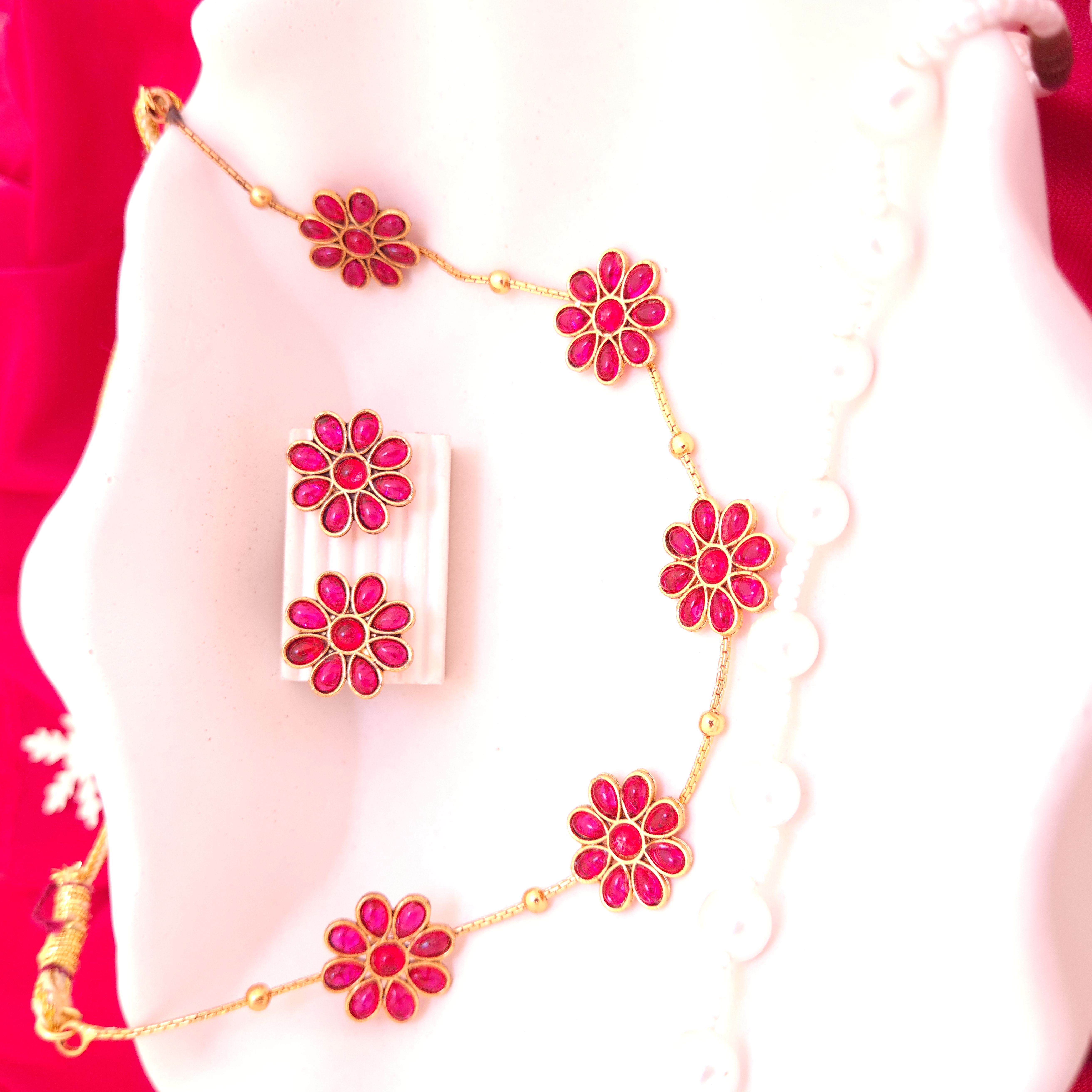 Invisible Floral Pink Stone Jewelry Set