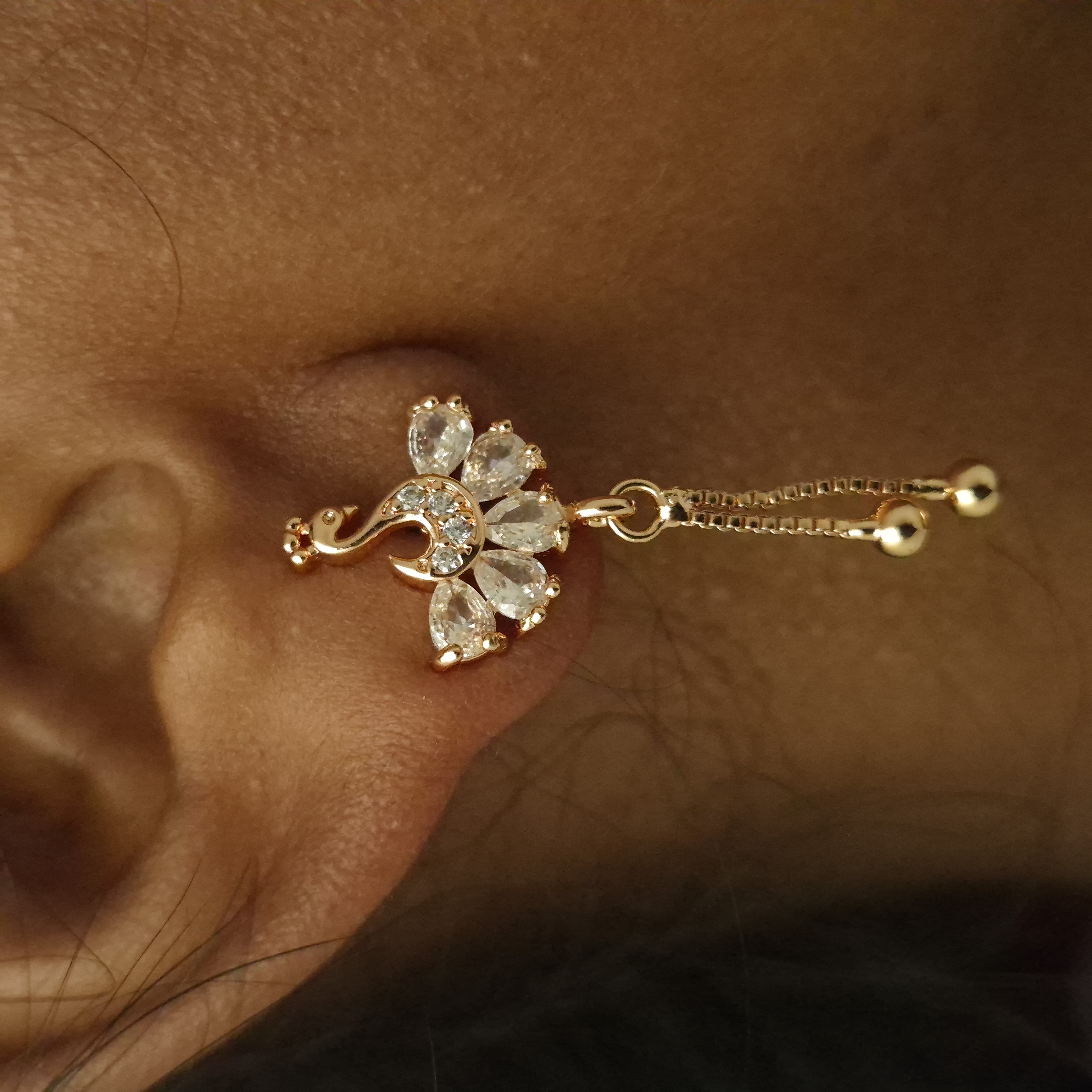 White Crystal Peacock Gold Floral Earrings