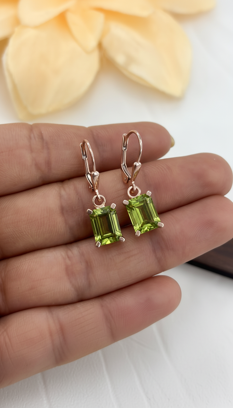 Delicate Women Handmade Peridot Emerald Cut 7x9mm Dangle Earrings 925 Sterling Silver August Birthstone