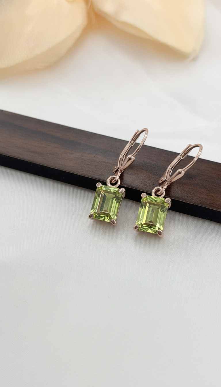Delicate Women Handmade Peridot Emerald Cut 7x9mm Dangle Earrings 925 Sterling Silver August Birthstone