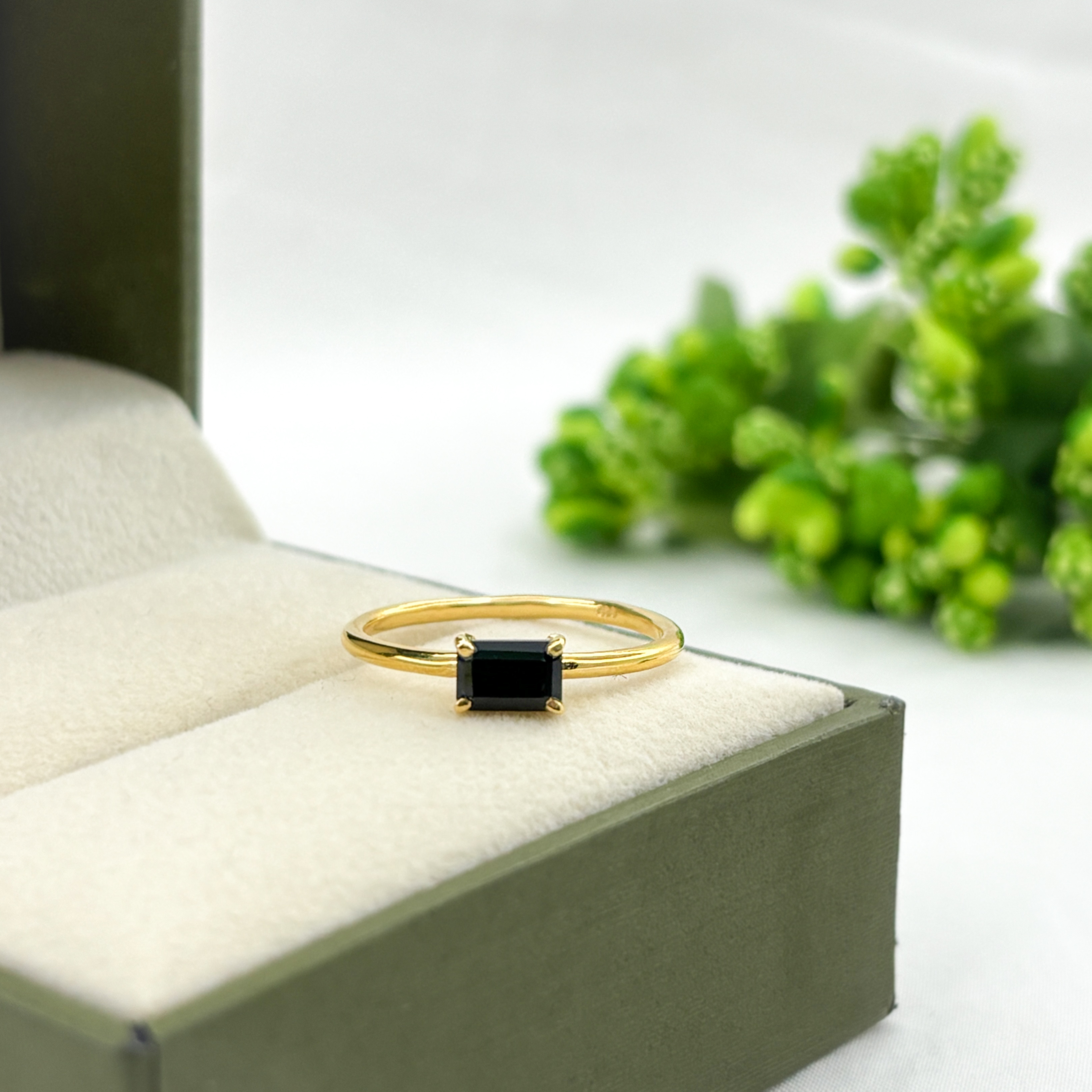 Gold Black Spinel Minimalist Baguette Sterling Silver Ring
