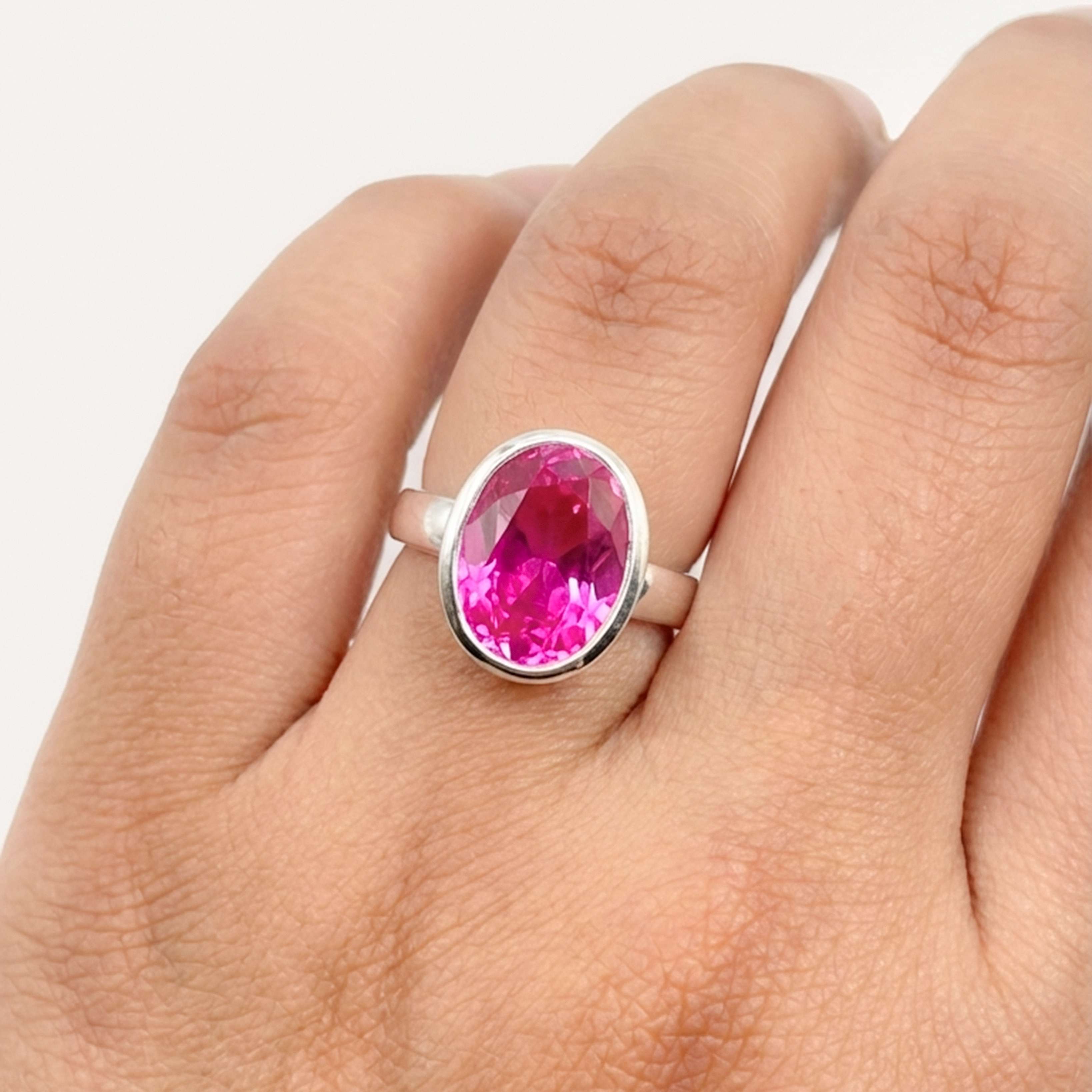 Women pink Tourmaline Oval 10x14mm Bezel Set Handmade October Birthstone Ring 