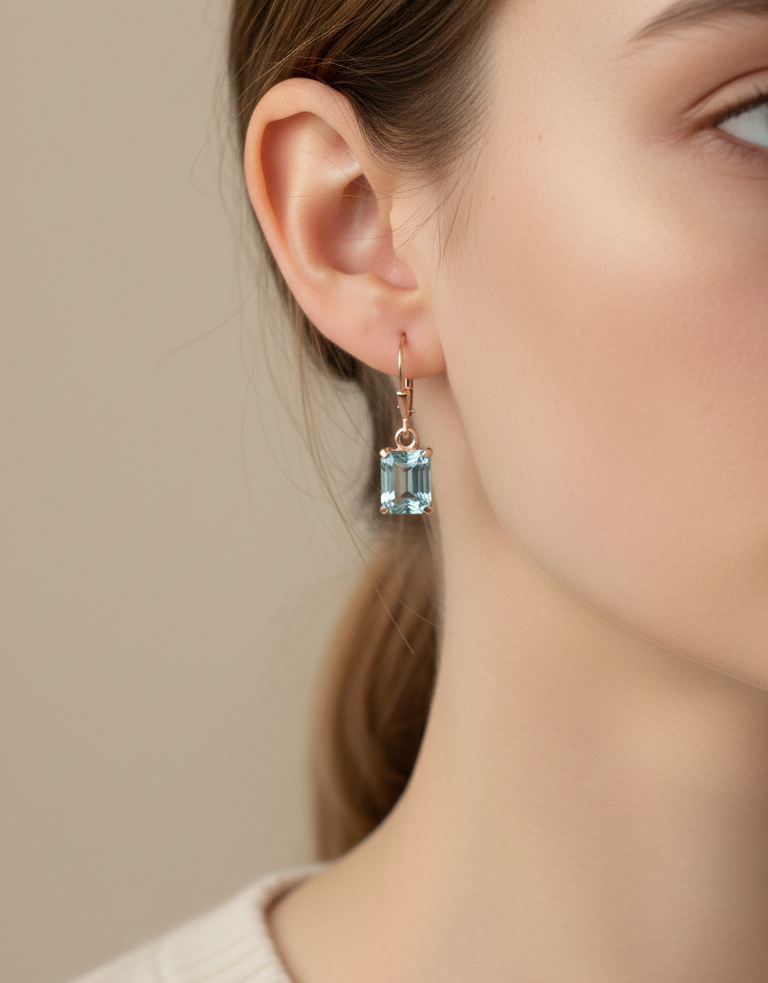 Dainty Women Aquamarine Dangle Emerald Cut 7x9mm Lever back Earrings 925 Silver Jewelry Gift For her