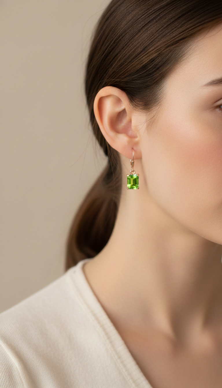 Delicate Women Handmade Peridot Emerald Cut 7x9mm Dangle Earrings 925 Sterling Silver August Birthstone