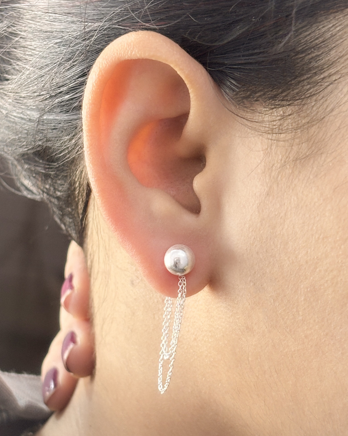 Silver Ball Stud Chain Earrings