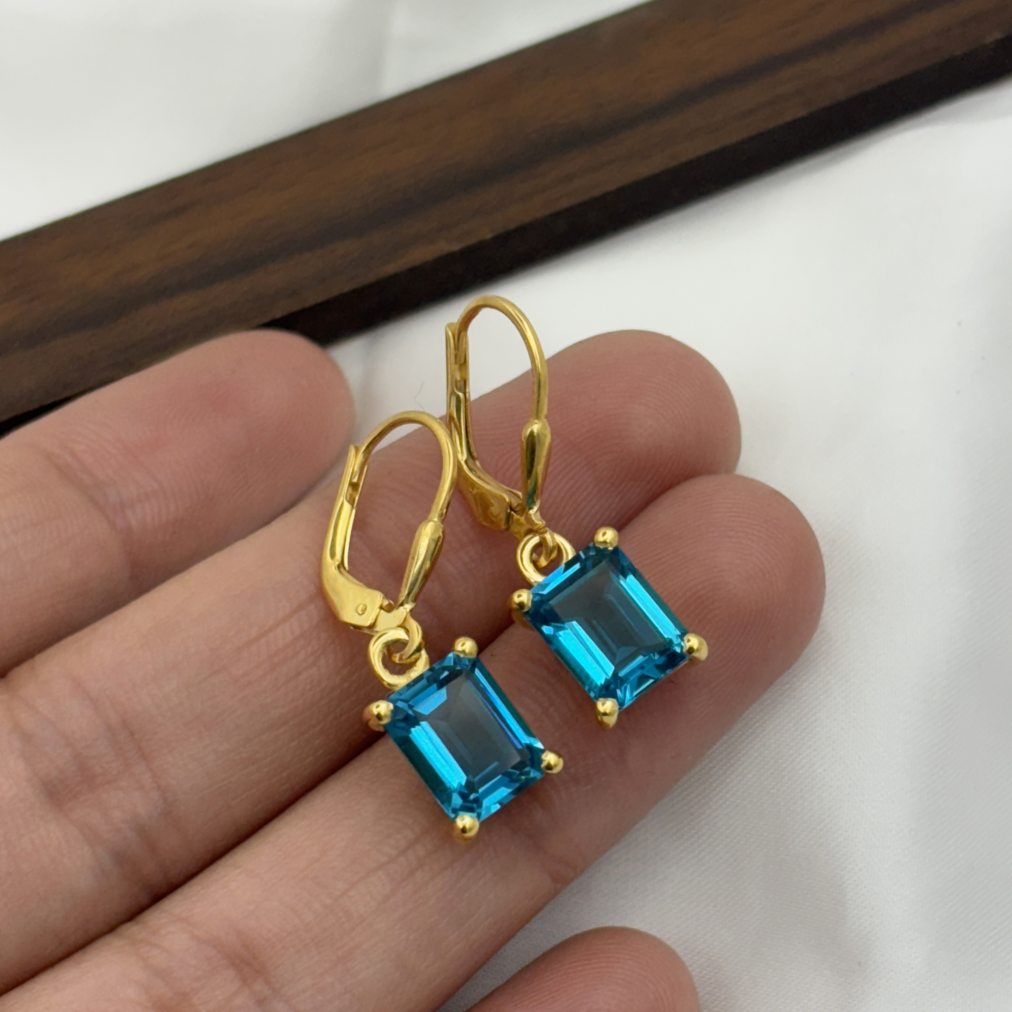 Dainty Swiss Blue Topaz Octagon Gold Vermeil 925 Sterling Silver Lever Back Earrings