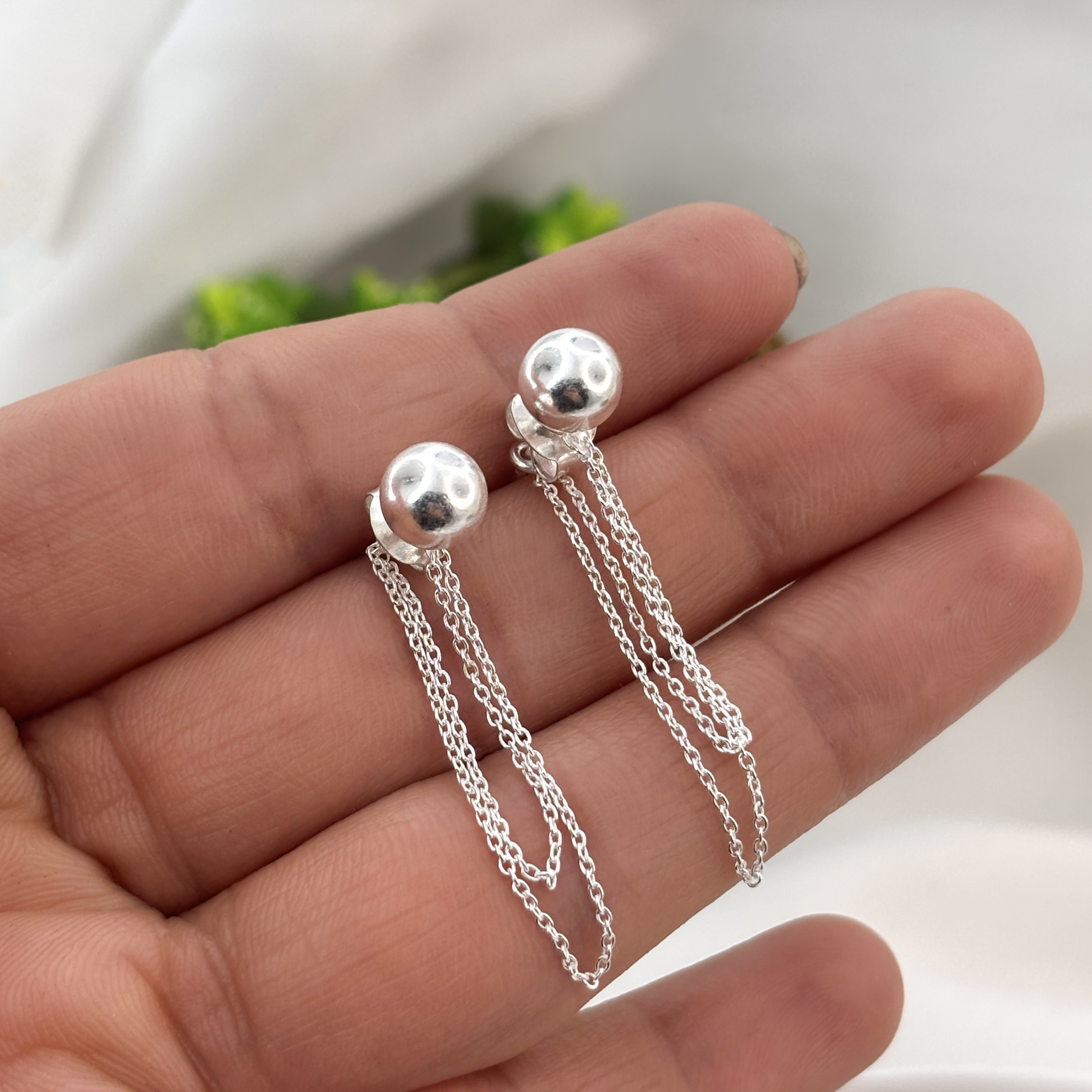 Silver Ball Stud Chain Earrings