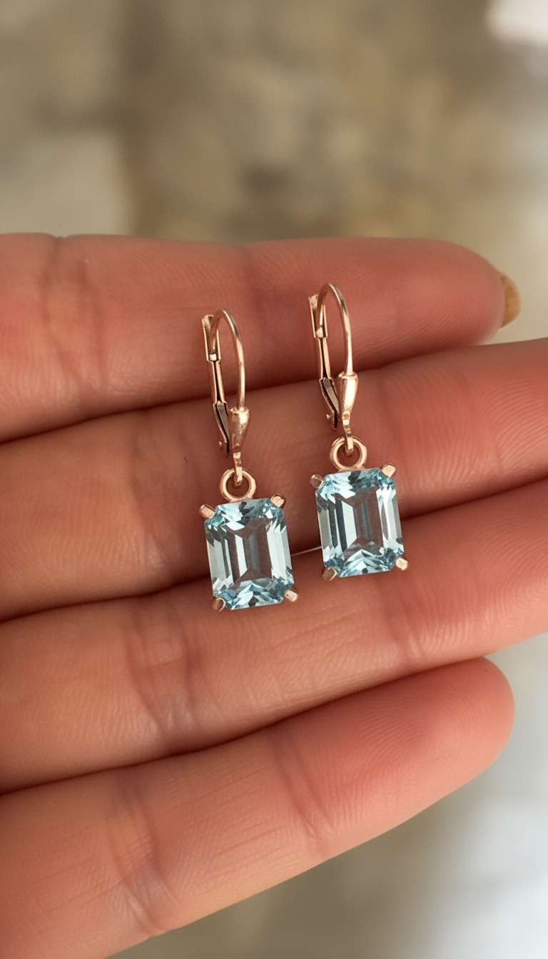 Dainty Women Aquamarine Dangle Emerald Cut 7x9mm Lever back Earrings 925 Silver Jewelry Gift For her