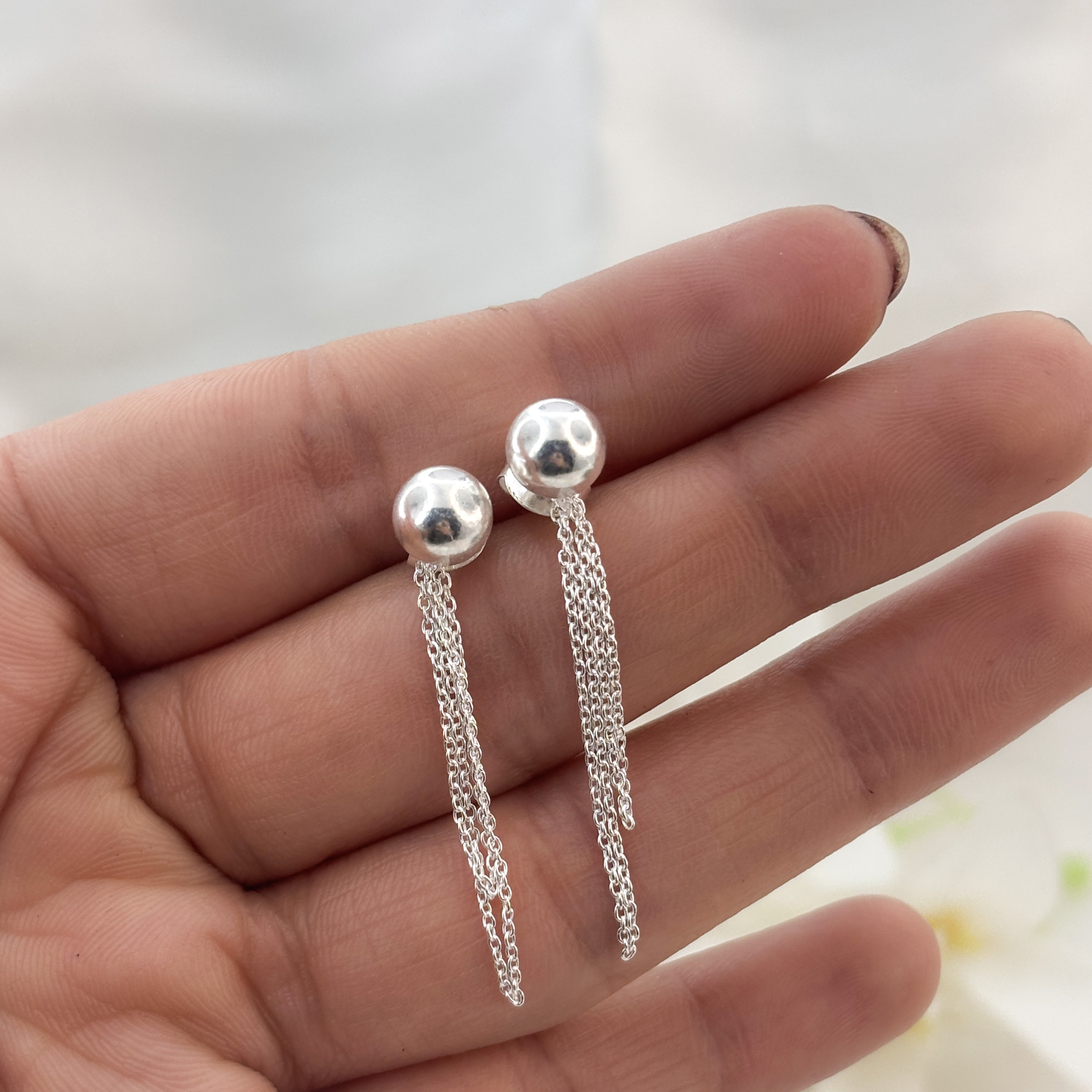 Silver Ball Stud Chain Earrings