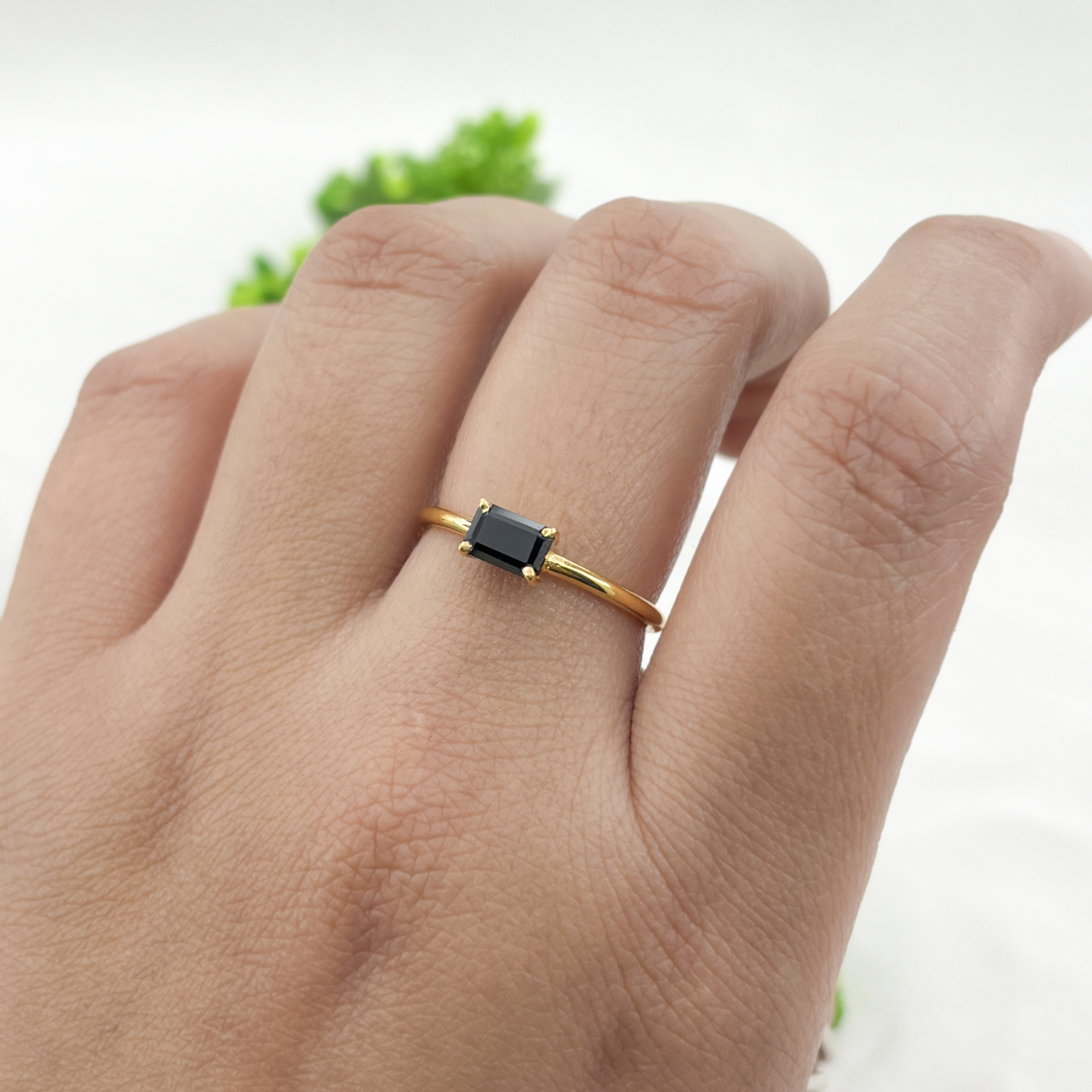 Gold Black Spinel Minimalist Baguette Sterling Silver Ring