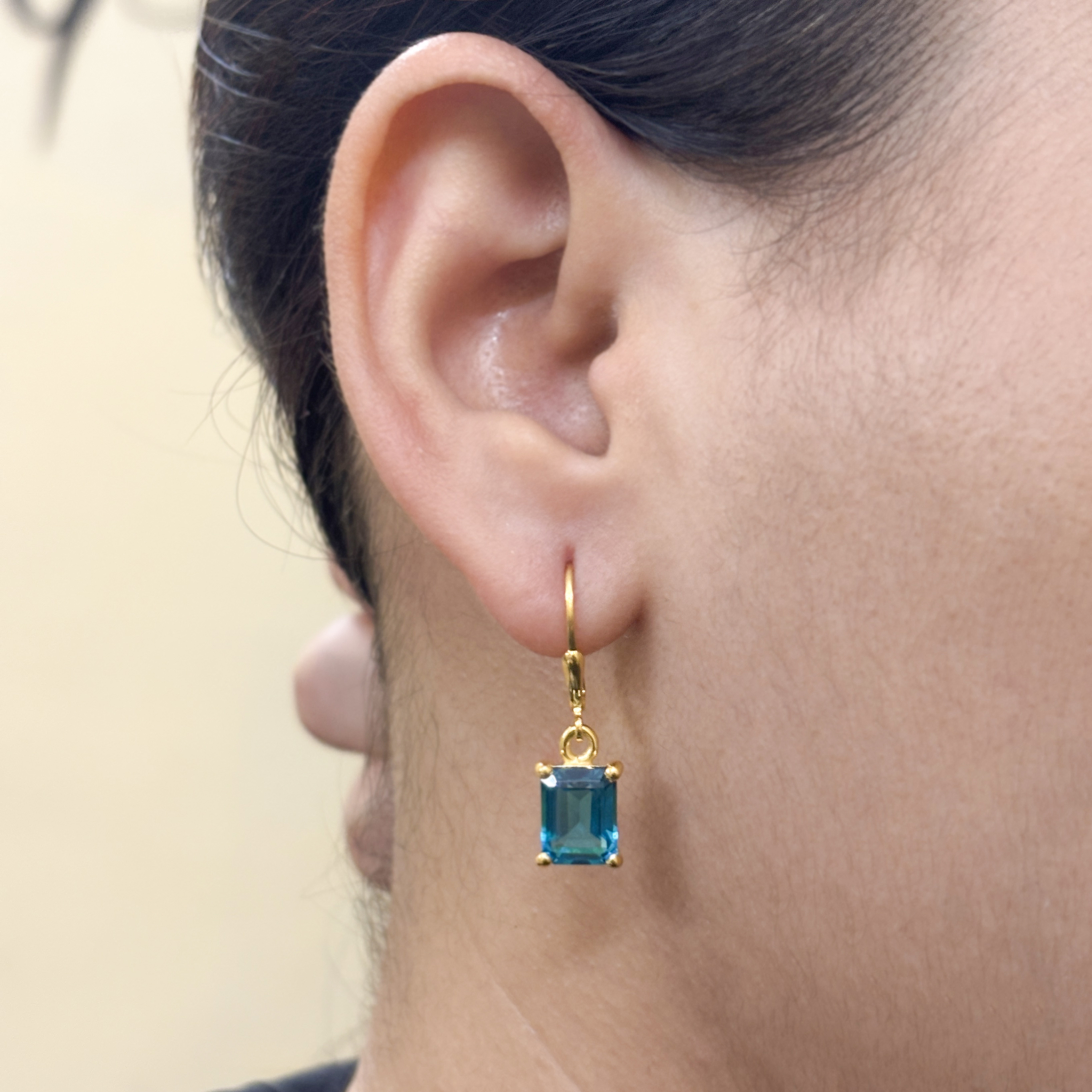 Dainty Swiss Blue Topaz Octagon Gold Vermeil 925 Sterling Silver Lever Back Earrings