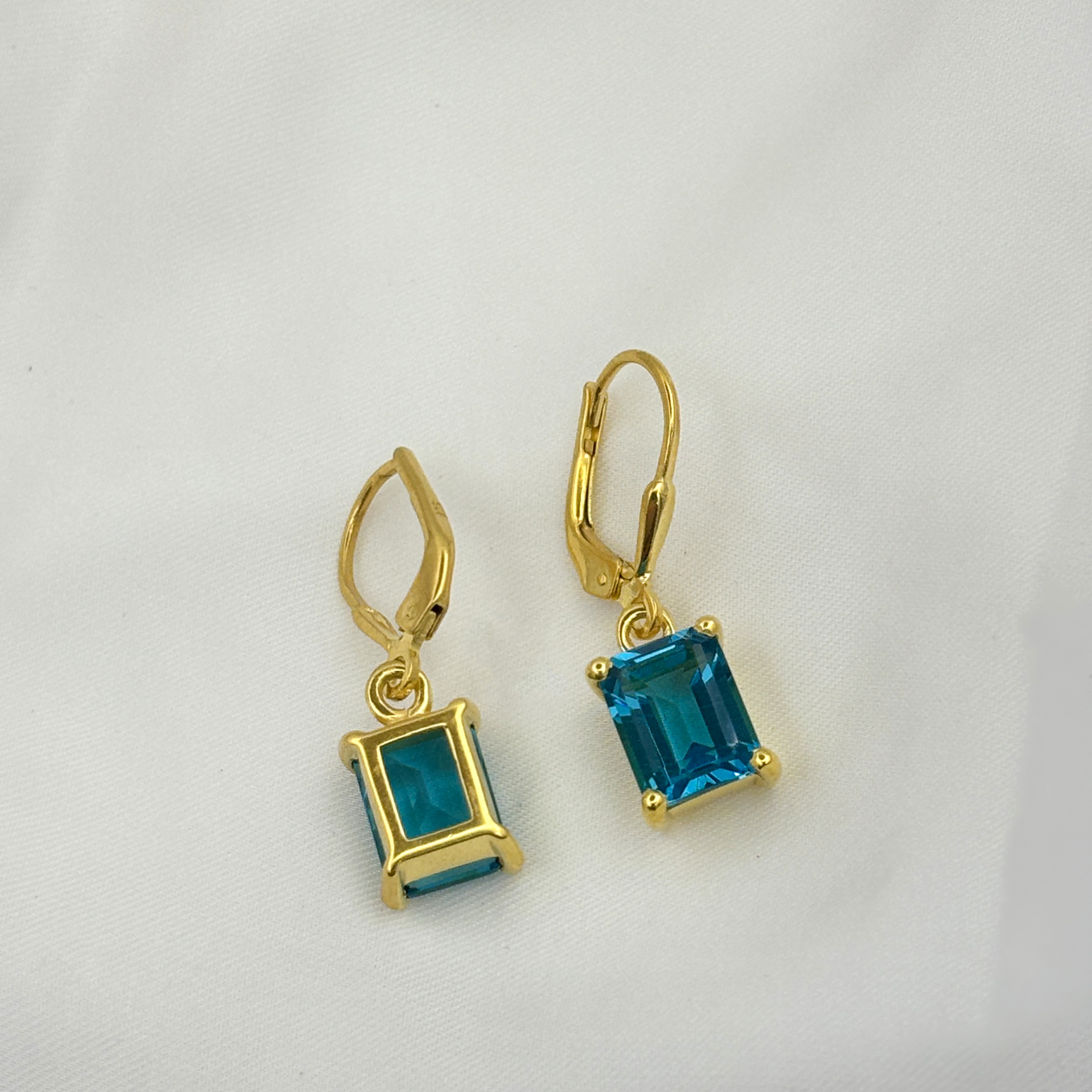 Dainty Swiss Blue Topaz Octagon Gold Vermeil 925 Sterling Silver Lever Back Earrings