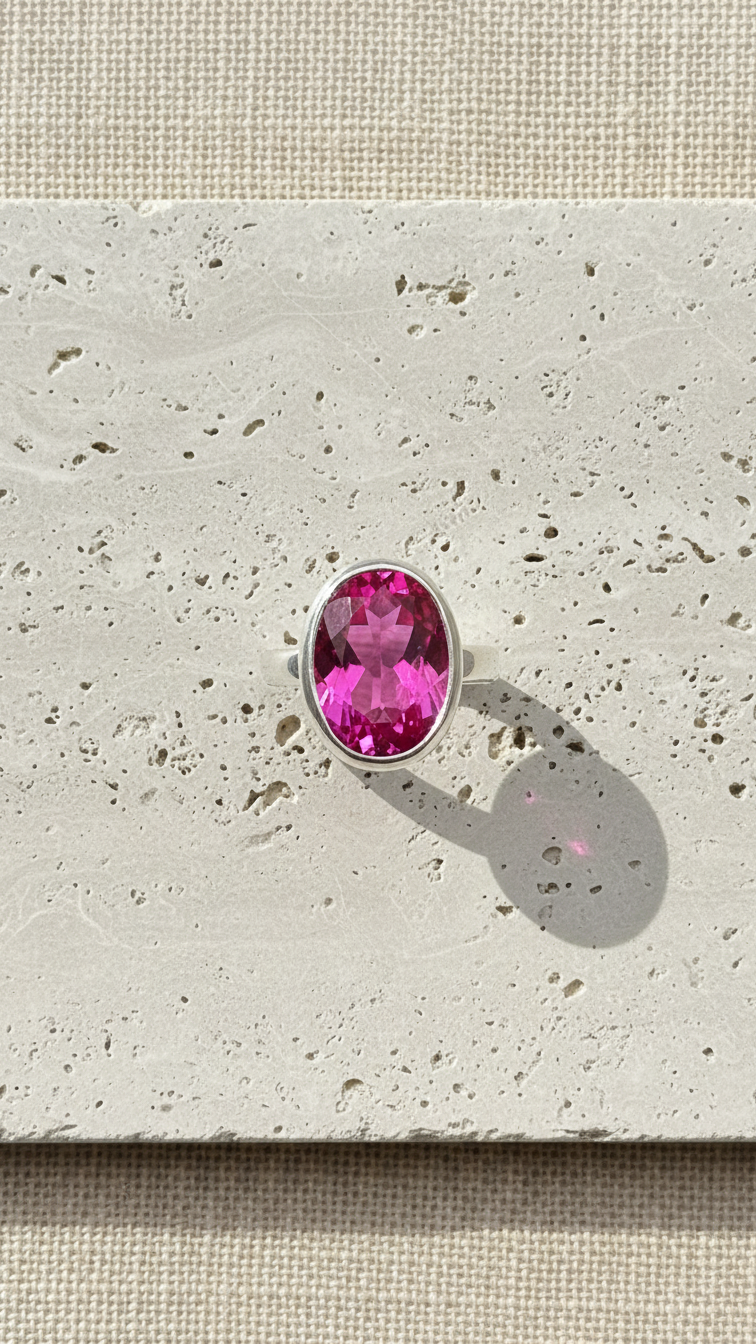 Women pink Tourmaline Oval 10x14mm Bezel Set Handmade October Birthstone Ring 