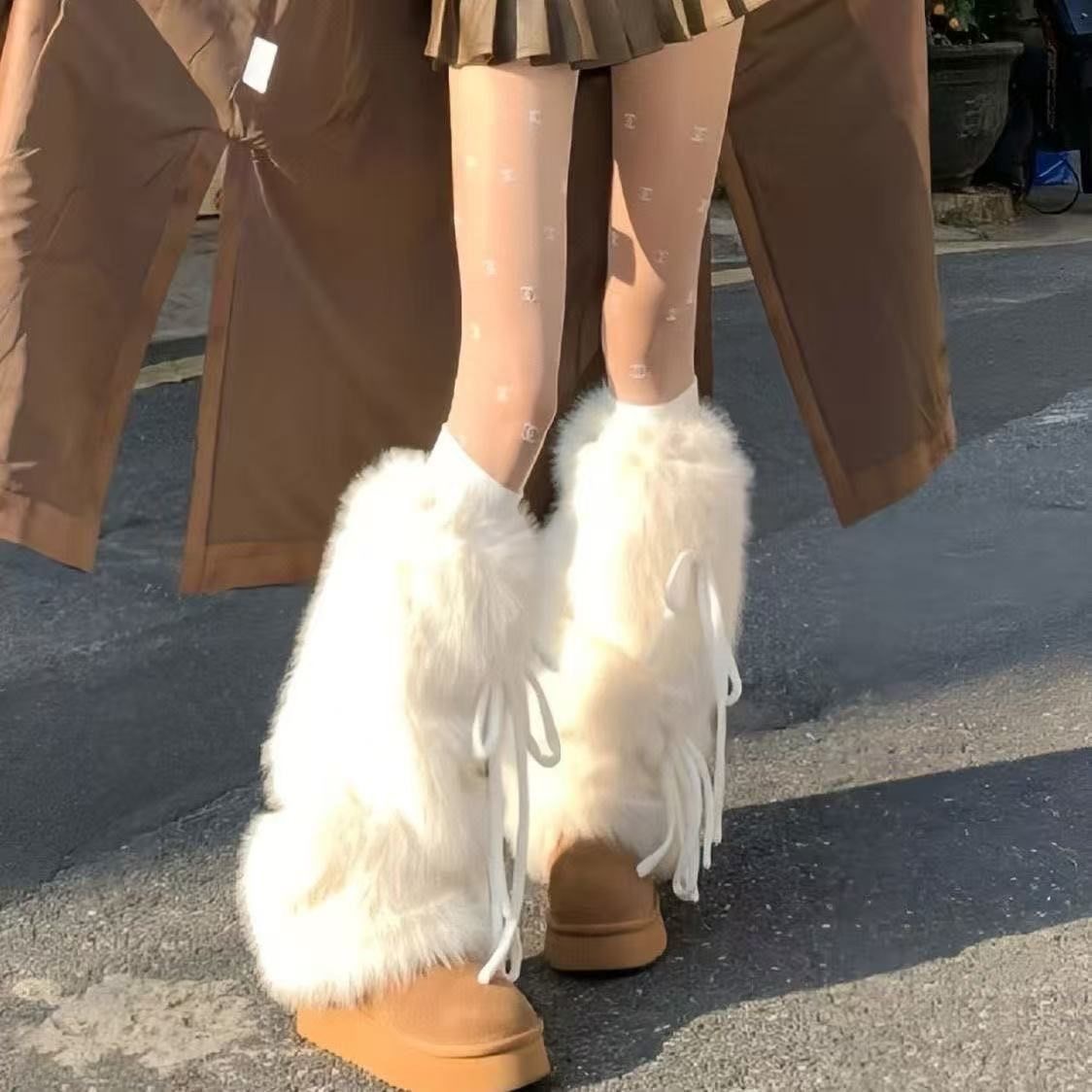Faux fur leg warmers with bow tie straps