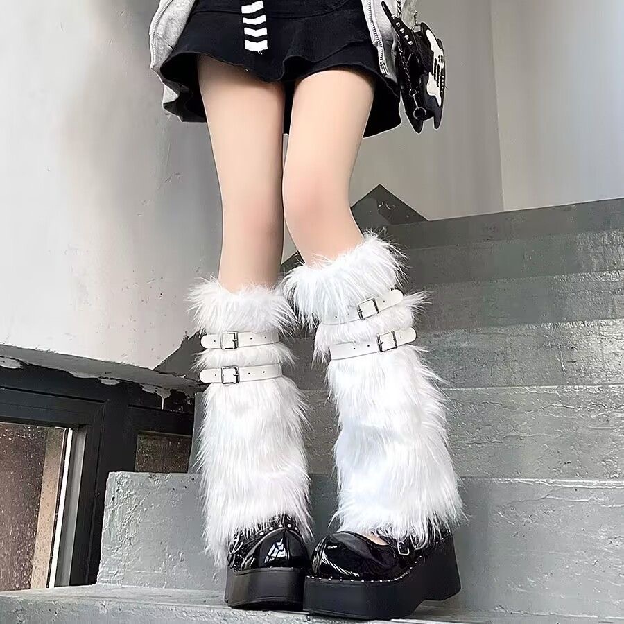 Faux fur leg warmers with punk-style buckle straps