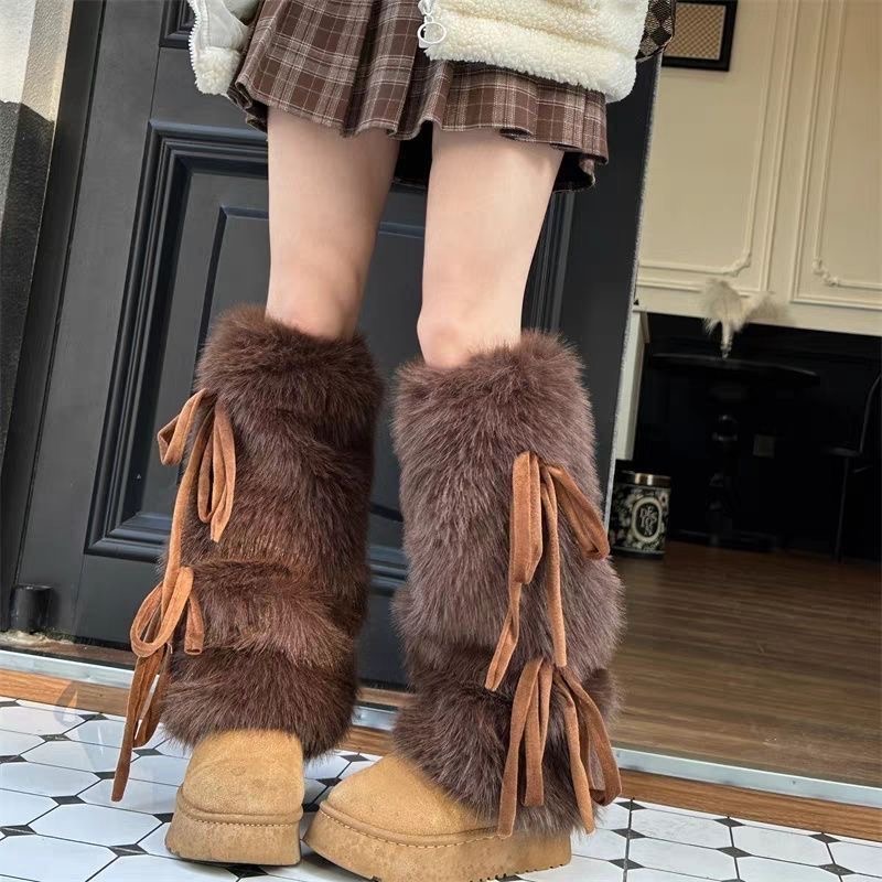 Faux fur leg warmers with bow tie straps
