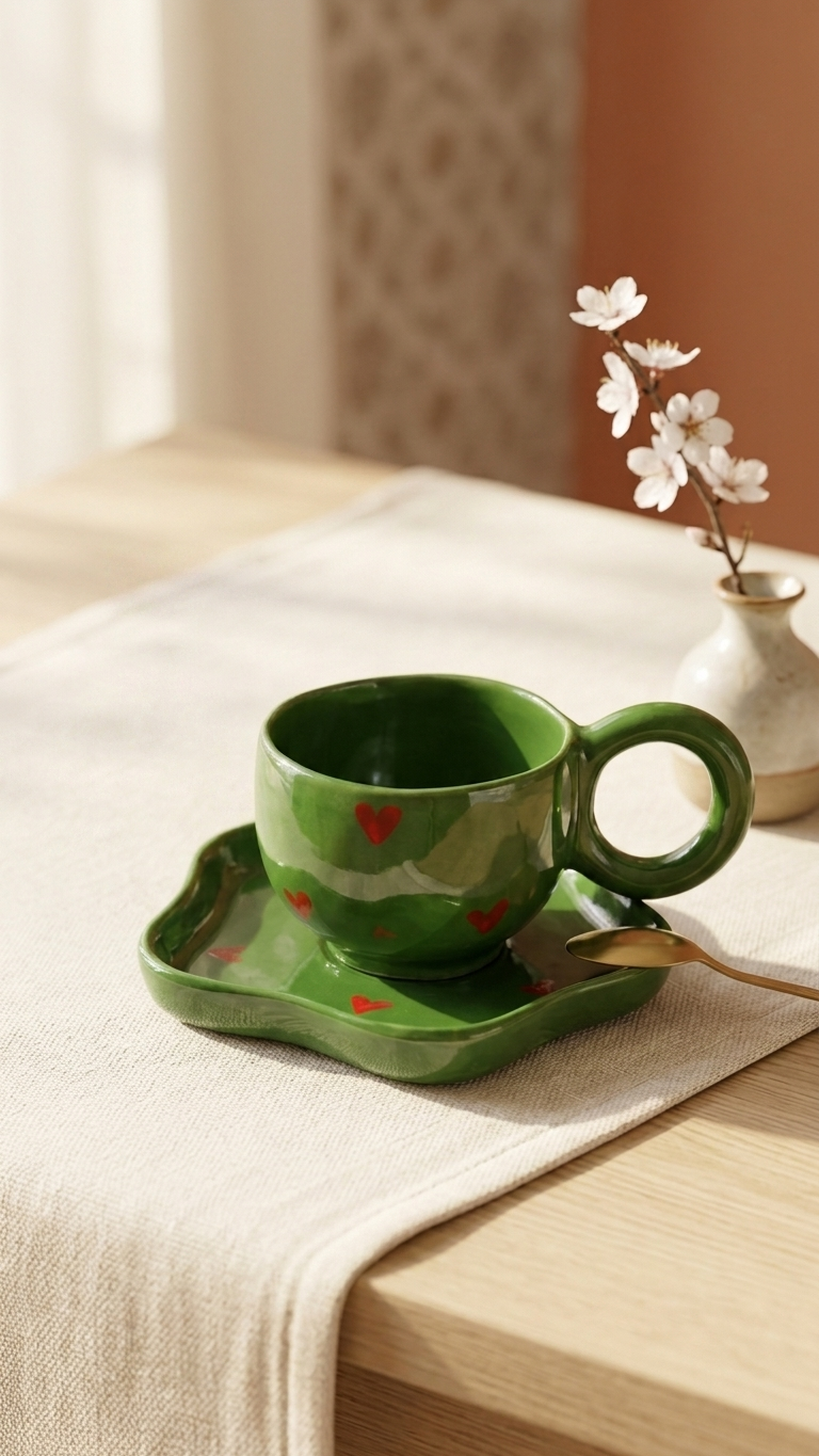 Green Heart Ceramic Cup & Saucer Set