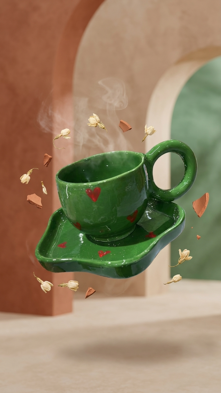 Green Heart Ceramic Cup & Saucer Set