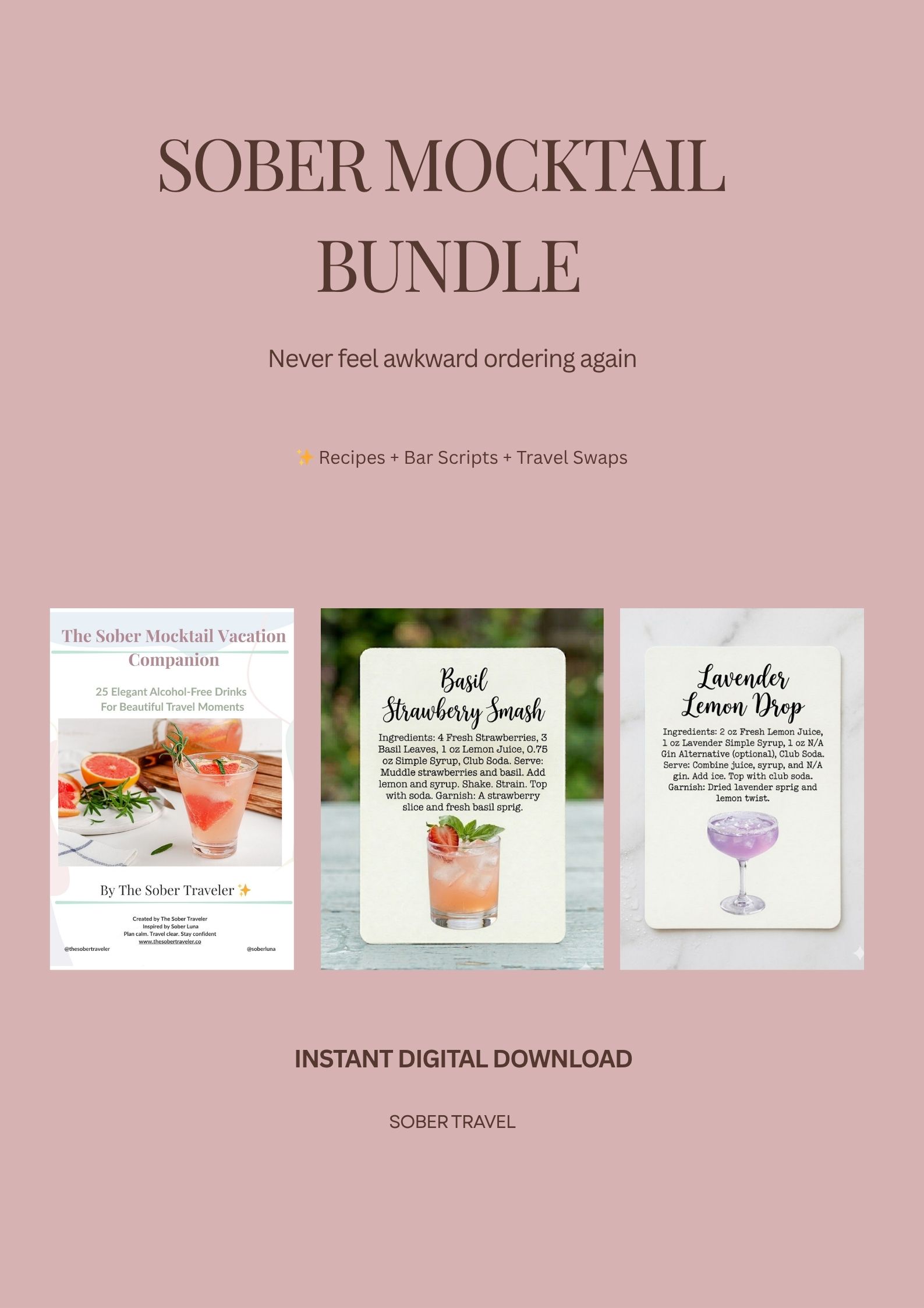 Mocktail Recipe Bundle + Bar Ordering Guide | Alcohol-Free Drinks, What to Order at the Bar, Travel Mocktails PDF