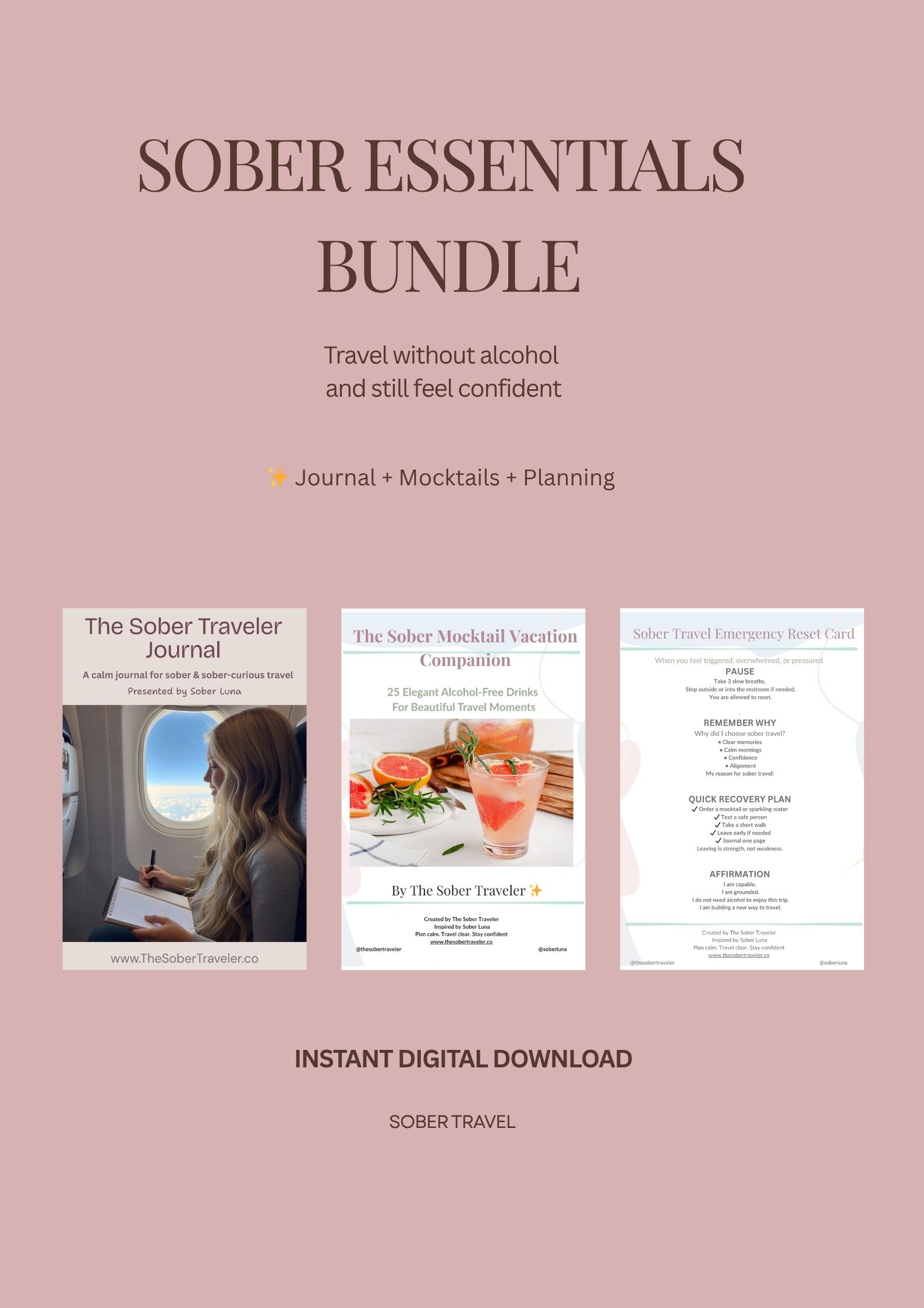 Sober Travel Essentials Bundle | Alcohol-Free Travel Planner, Mocktail Guide, Journal & Airport Survival Kit | Printable & Digital PDF