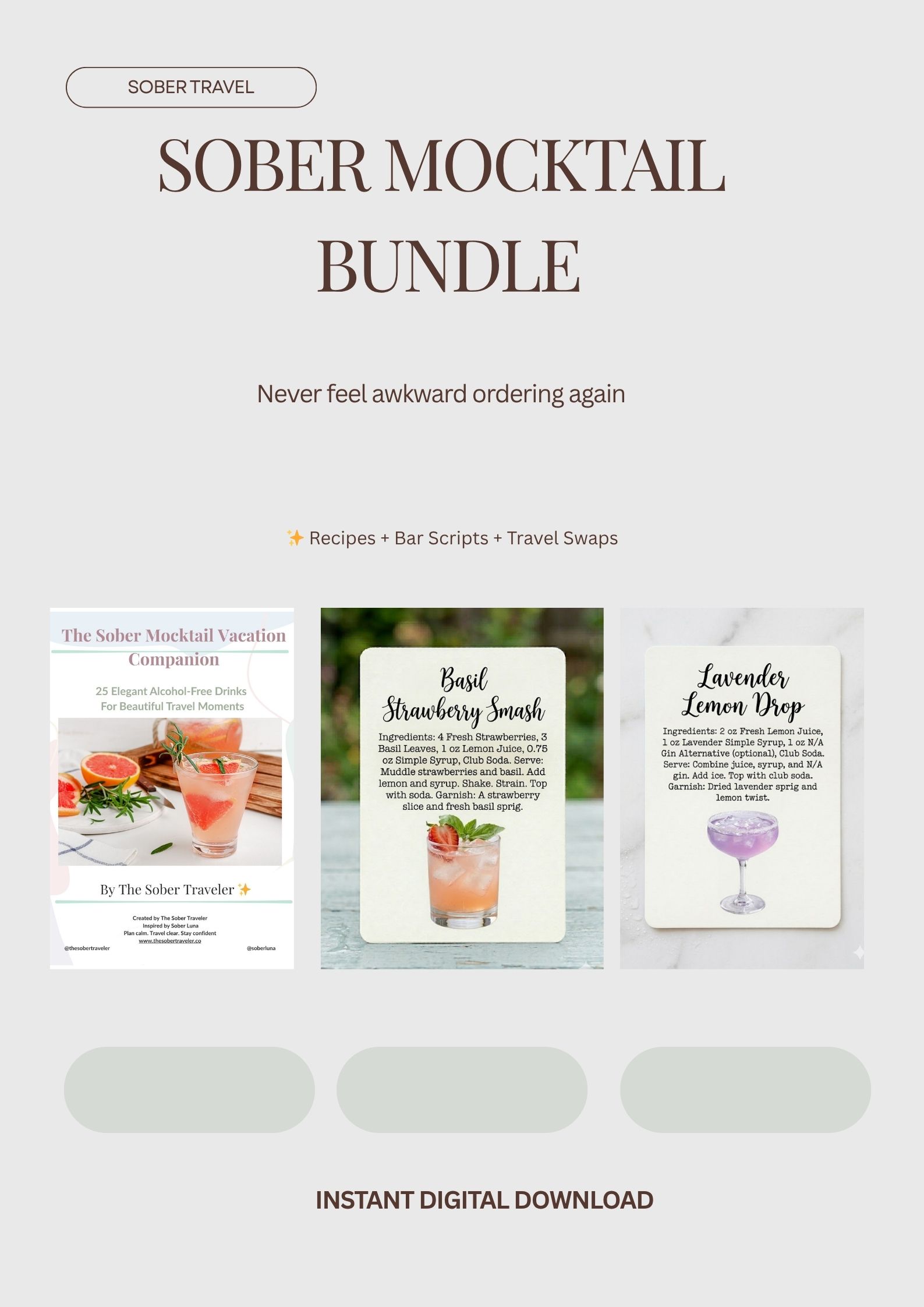 Mocktail Recipe Bundle + Bar Ordering Guide | Alcohol-Free Drinks, What to Order at the Bar, Travel Mocktails PDF
