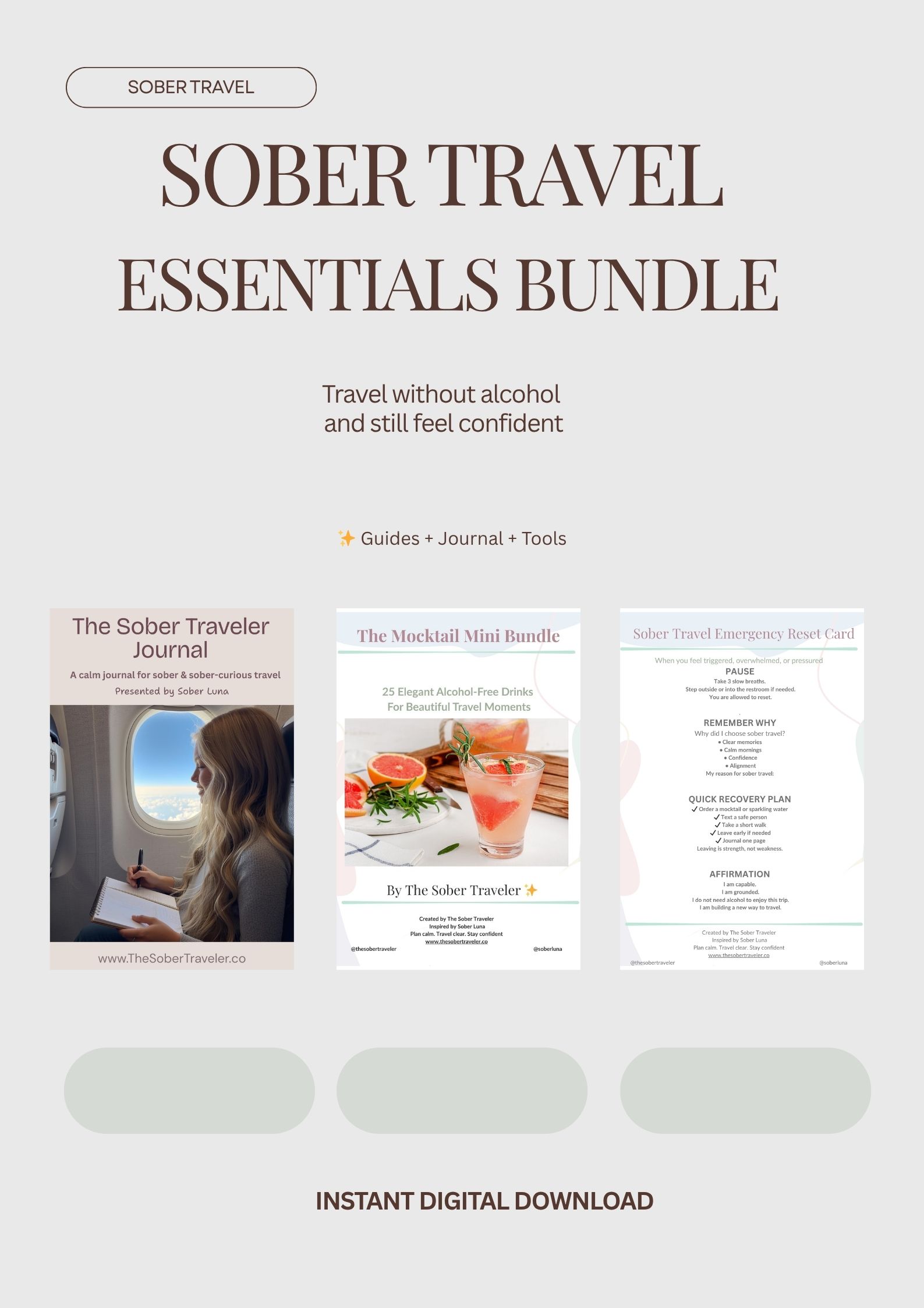 Sober Travel Essentials Bundle | Alcohol-Free Travel Planner, Mocktail Guide, Journal & Airport Survival Kit | Printable & Digital PDF