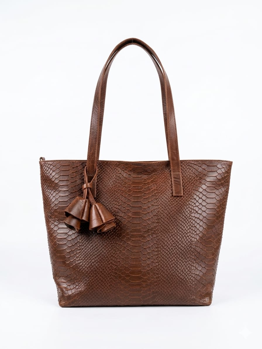 Bolso tote marrón con adorno de flor