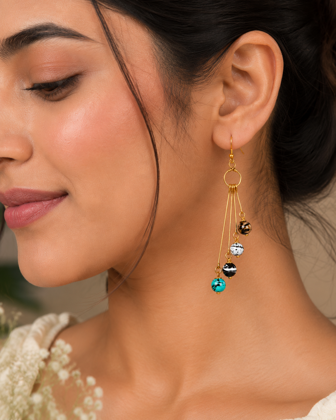 Chaturangi Handmade Multicolor Glass Bead Brass Earrings | Contemporary Long Statement Earrings for Women