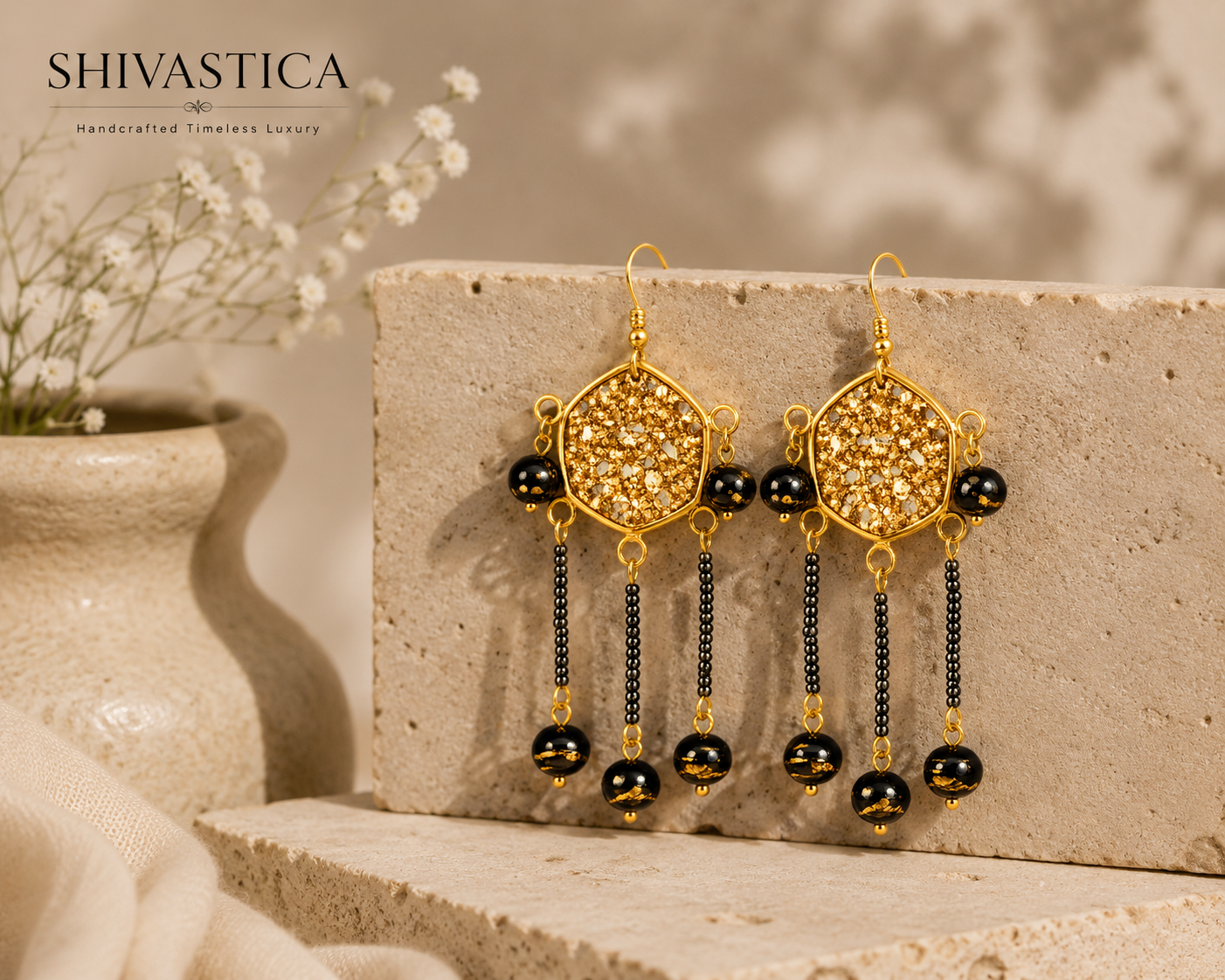 Kanak Handmade Gold Resin Statement Earrings | Black & Gold Festive Earrings for Women