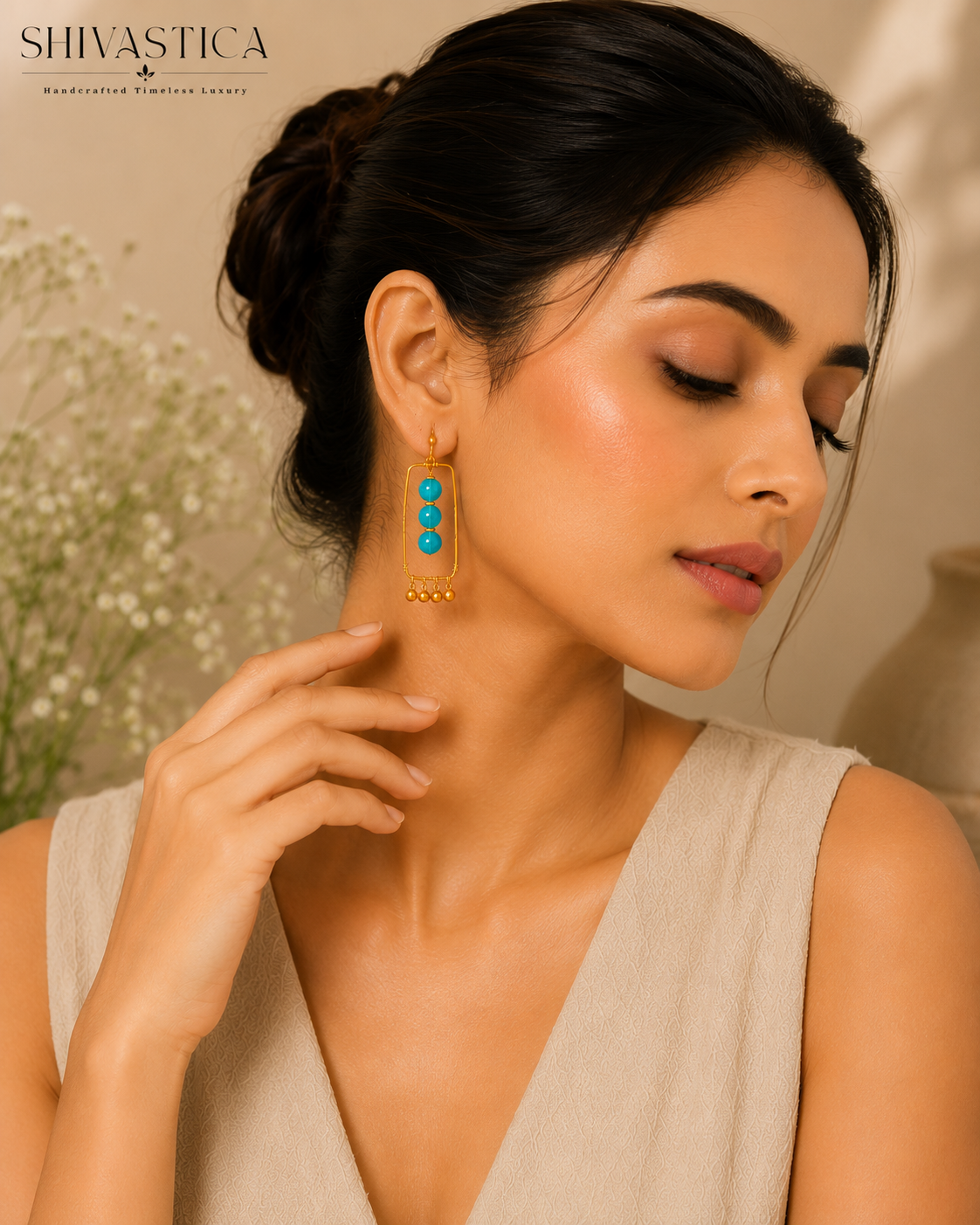 Neelima Handmade Blue Glass Bead Brass Earrings | Minimal Statement Earrings for Women