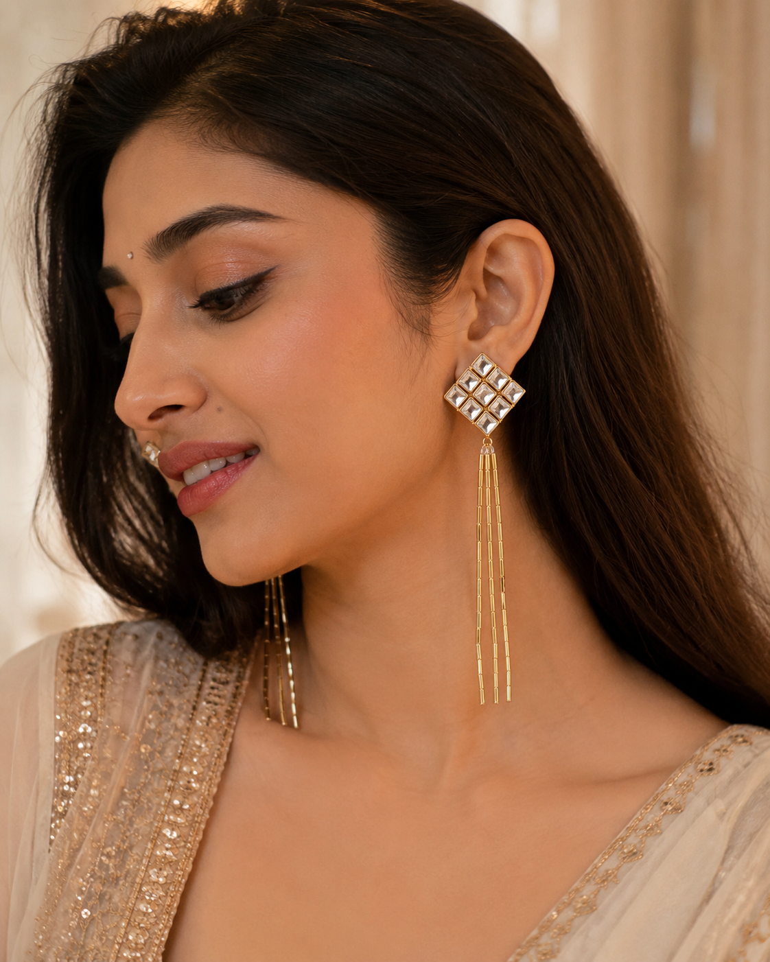Noor Jhalar Handmade Glass Kundan Tassel Earrings | Long Statement Party Earrings for Women