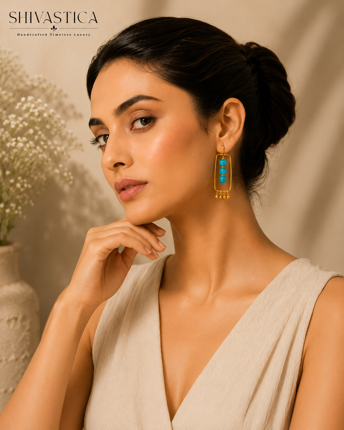 Neelima Handmade Blue Glass Bead Brass Earrings | Minimal Statement Earrings for Women