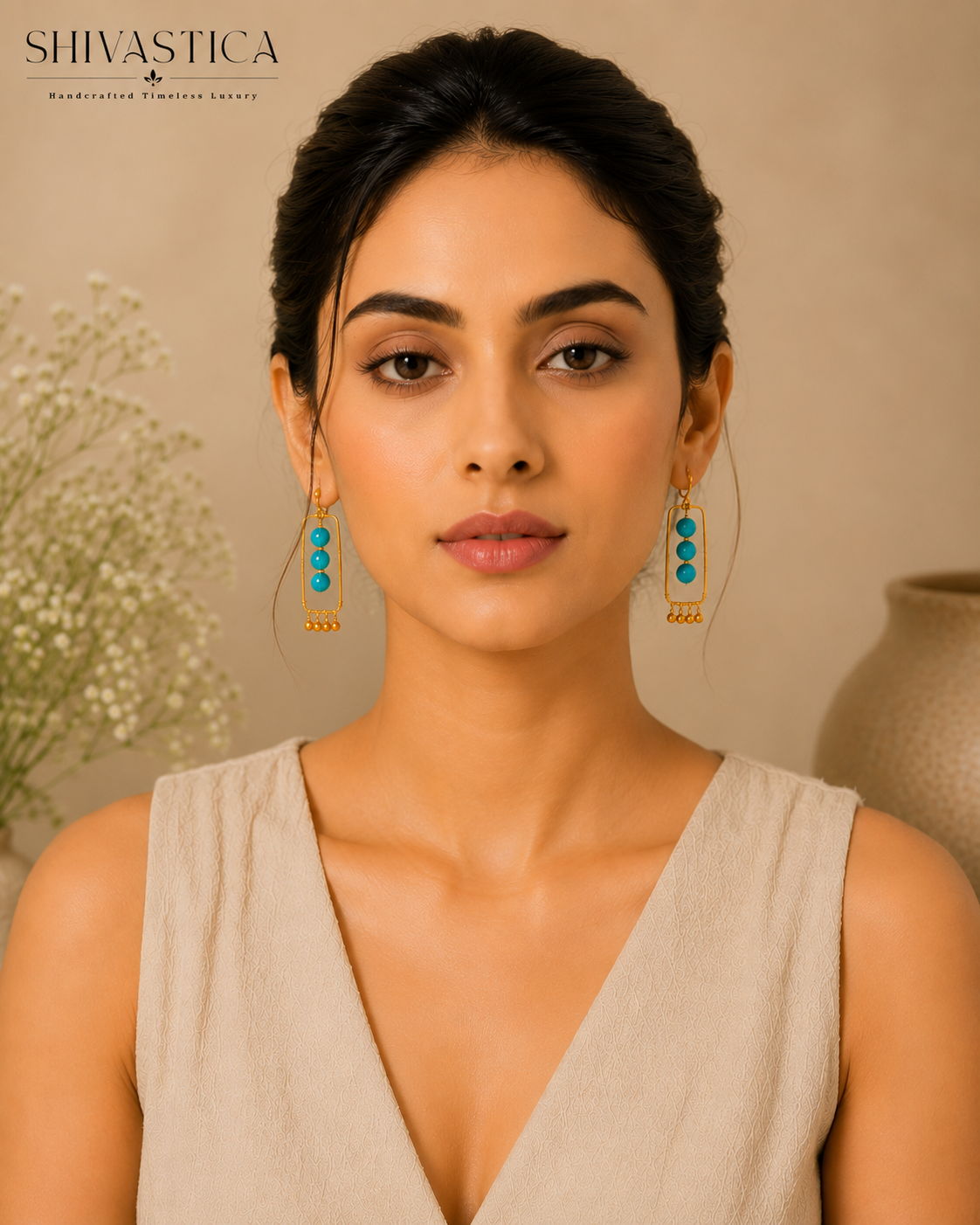 Neelima Handmade Blue Glass Bead Brass Earrings | Minimal Statement Earrings for Women
