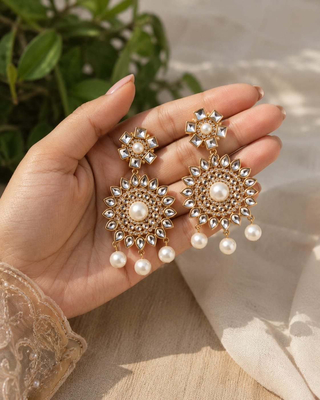Surya Noor Handmade Glass Kundan Pearl Statement Earrings | Luxury Wedding & Festive Earrings for Women