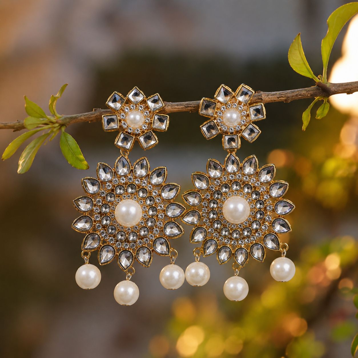 Surya Noor Handmade Glass Kundan Pearl Statement Earrings | Luxury Wedding & Festive Earrings for Women