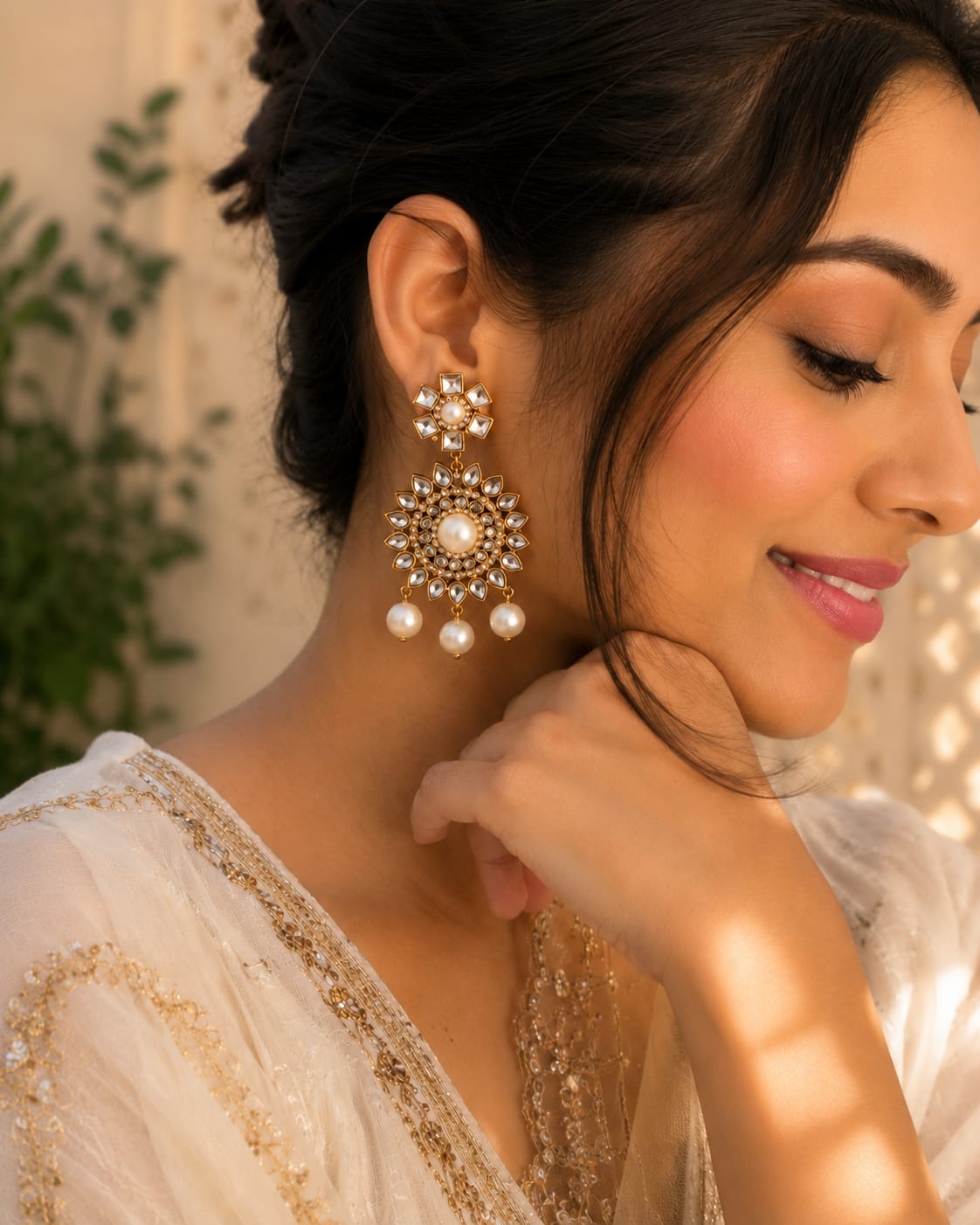 Surya Noor Handmade Glass Kundan Pearl Statement Earrings | Luxury Wedding & Festive Earrings for Women