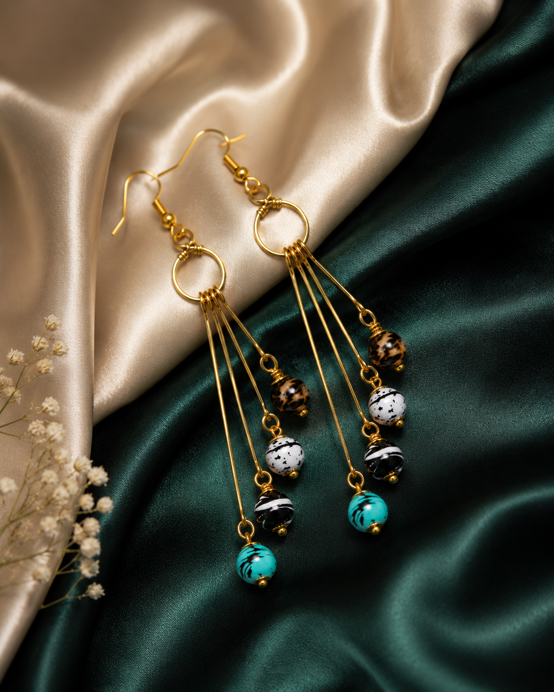 Chaturangi Handmade Multicolor Glass Bead Brass Earrings | Contemporary Long Statement Earrings for Women