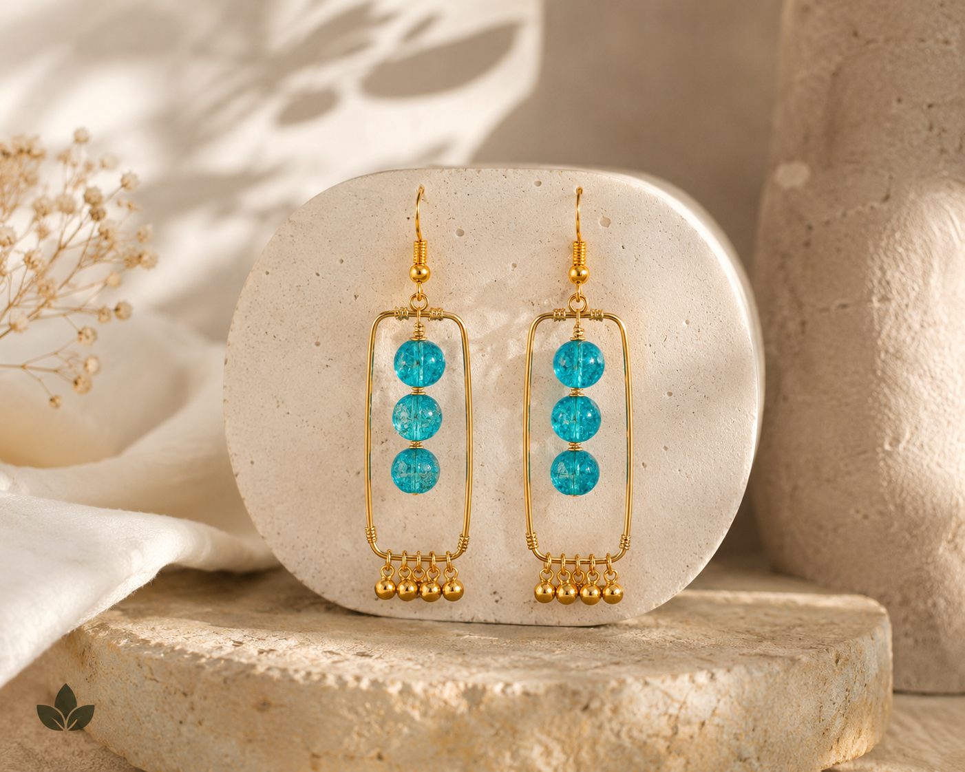 Neelima Handmade Blue Glass Bead Brass Earrings | Minimal Statement Earrings for Women