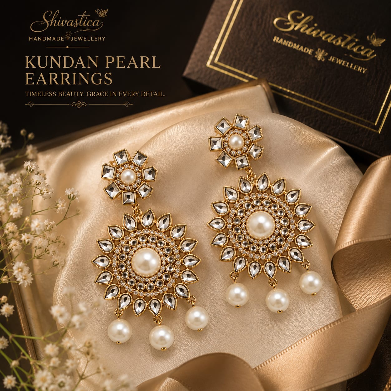 Surya Noor Handmade Glass Kundan Pearl Statement Earrings | Luxury Wedding & Festive Earrings for Women