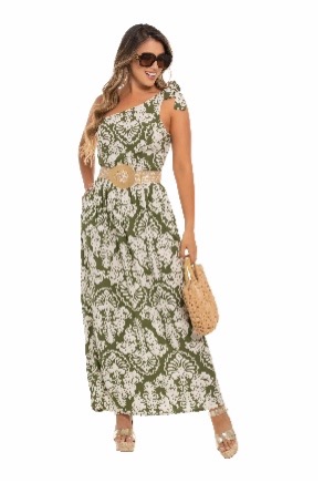 One-Shoulder Maxi Dress (Olive Print)