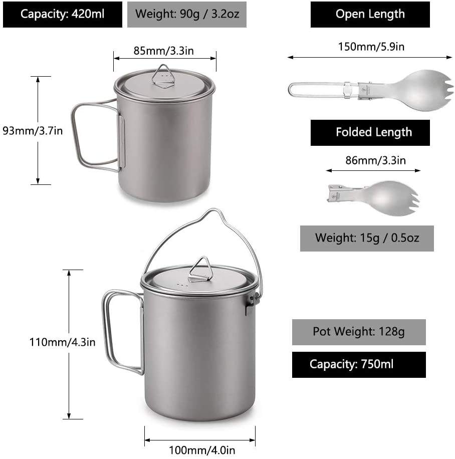 Portable Titanium Pot Water Mug Cup with Lid and Foldable Handle | ruipros 