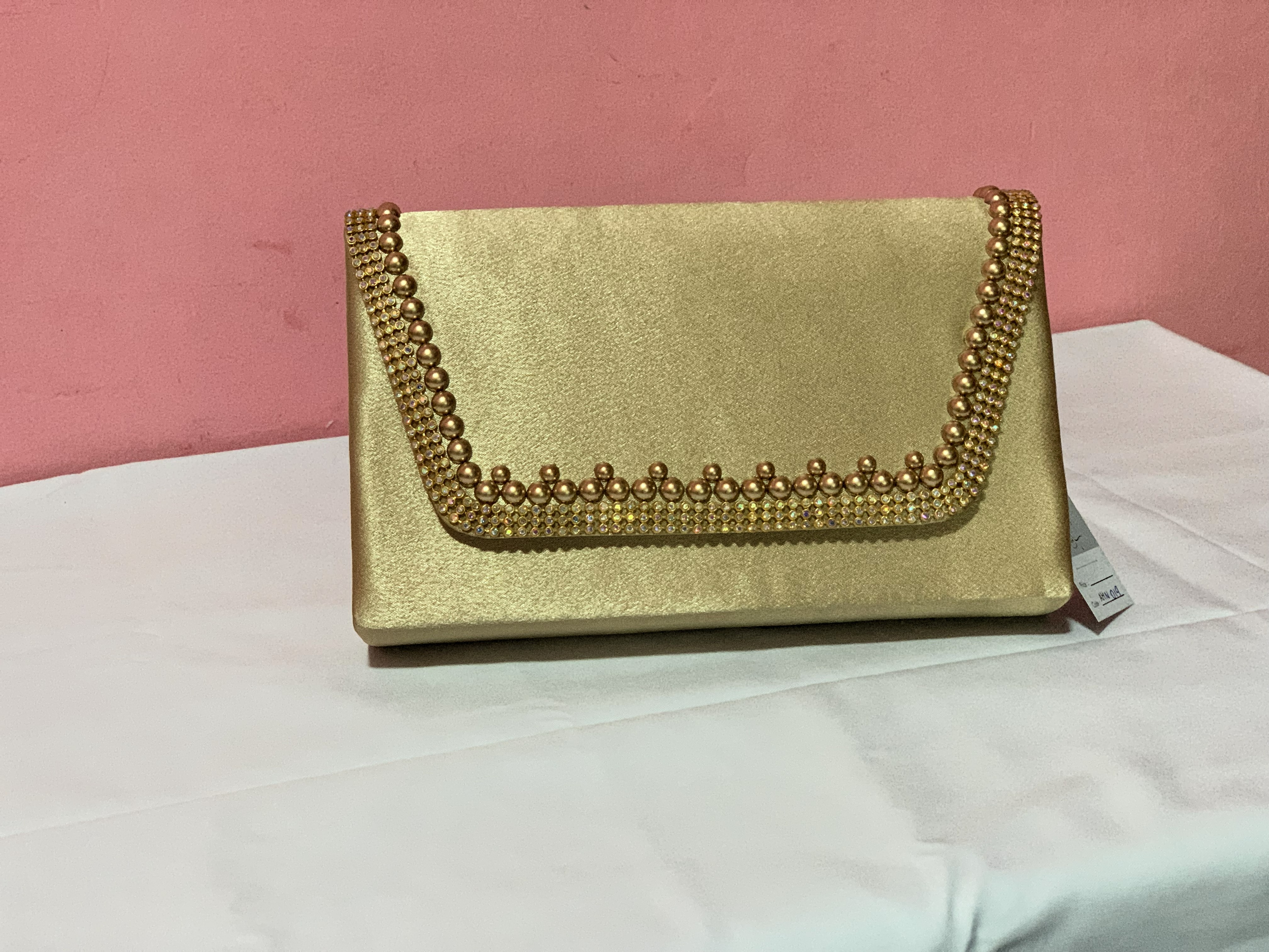 Elegant Beaded Satin Clutch with Chain Strap